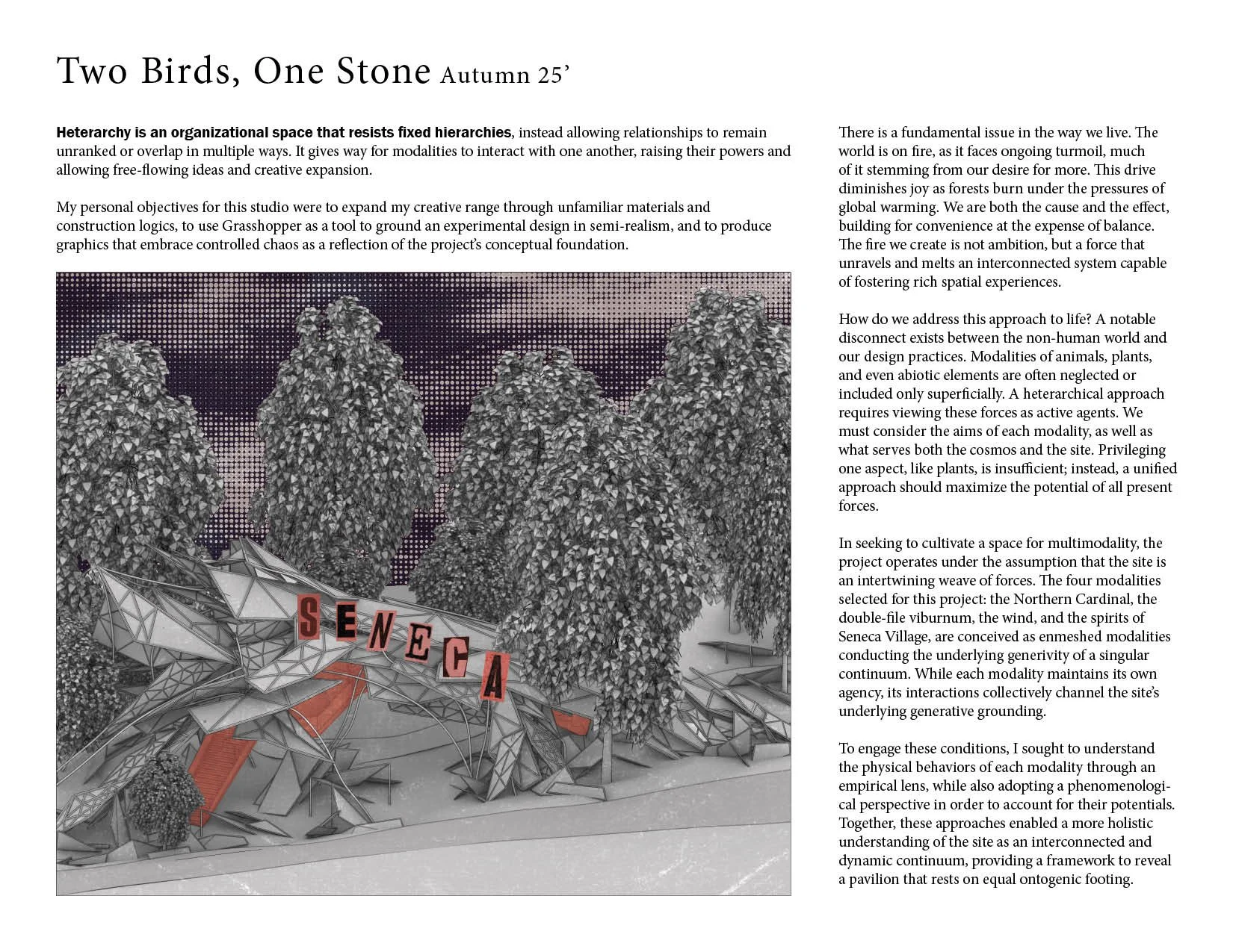 Architectural illustration featuring a modern pavilion with the letters S E N E C A displayed prominently, surrounded by tall, detailed trees and a digitally altered sky backdrop for a conceptual project presentation.