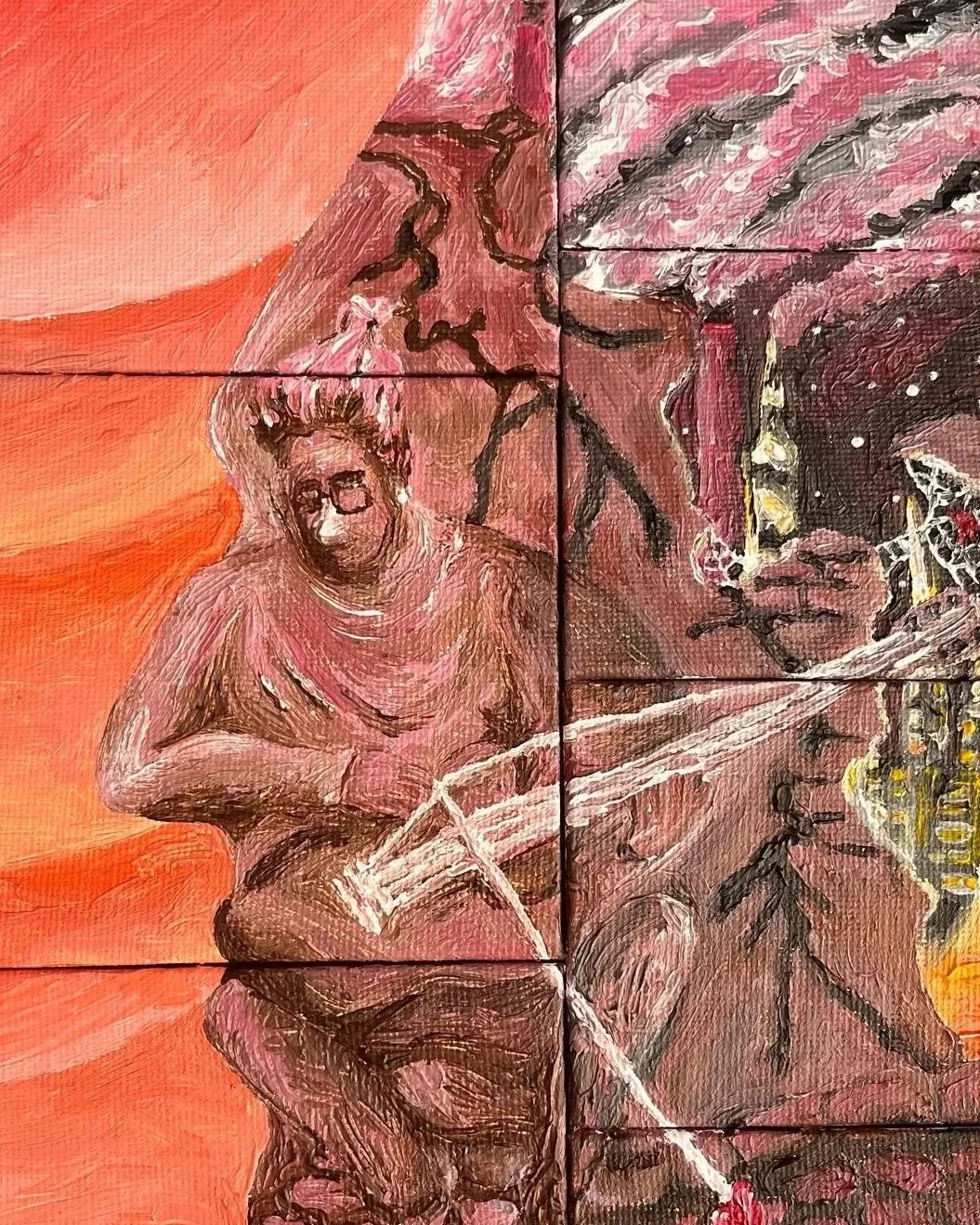 A painting divided into four sections depicting a person with glasses and spiky hair playing a flute, with abstract and textured backgrounds in pink, red, black, and orange hues.