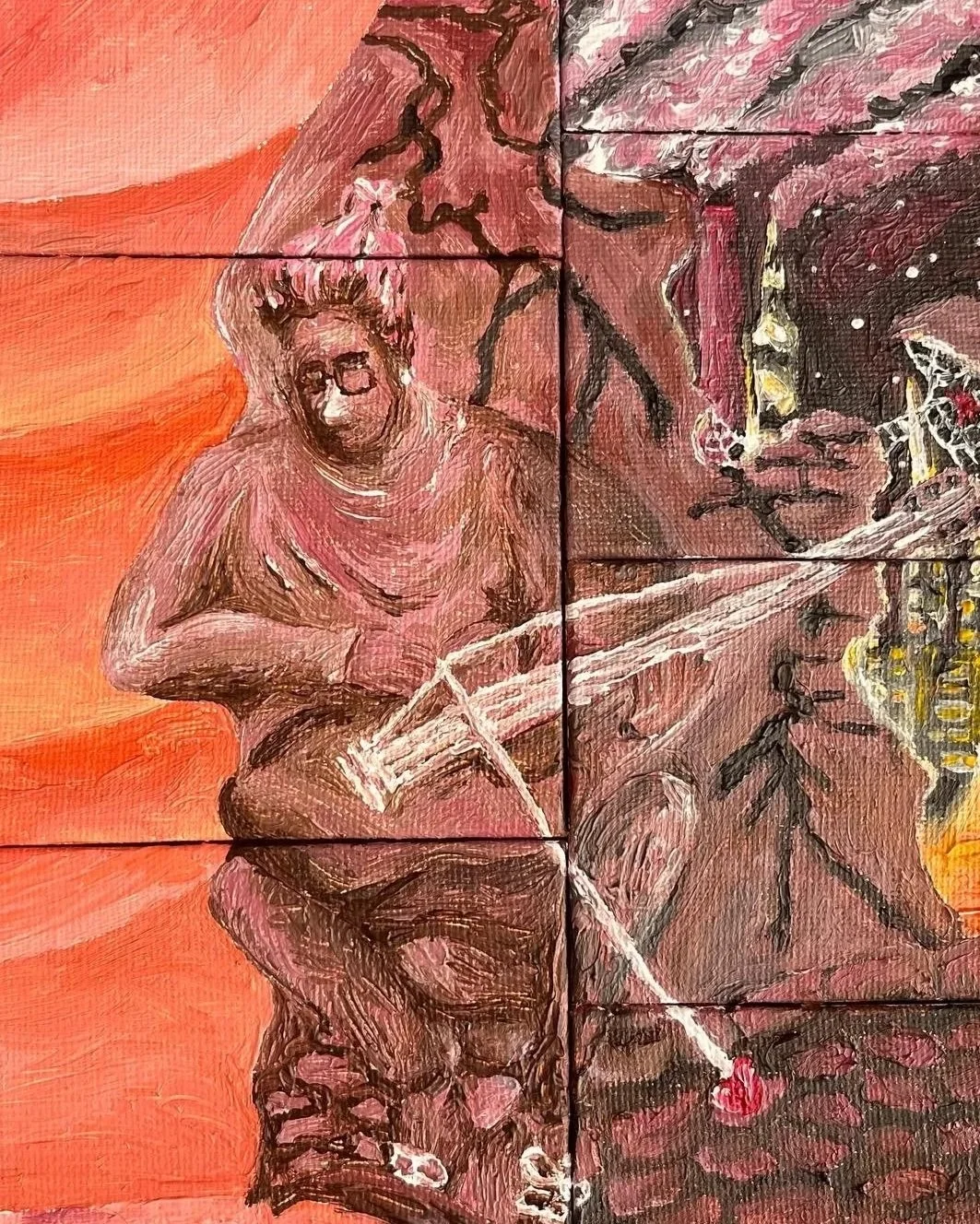 A painting of a person with glasses and tousled hair, sitting cross-legged, holding a flagpole with a red tip, against an orange and pink background with abstract shapes.