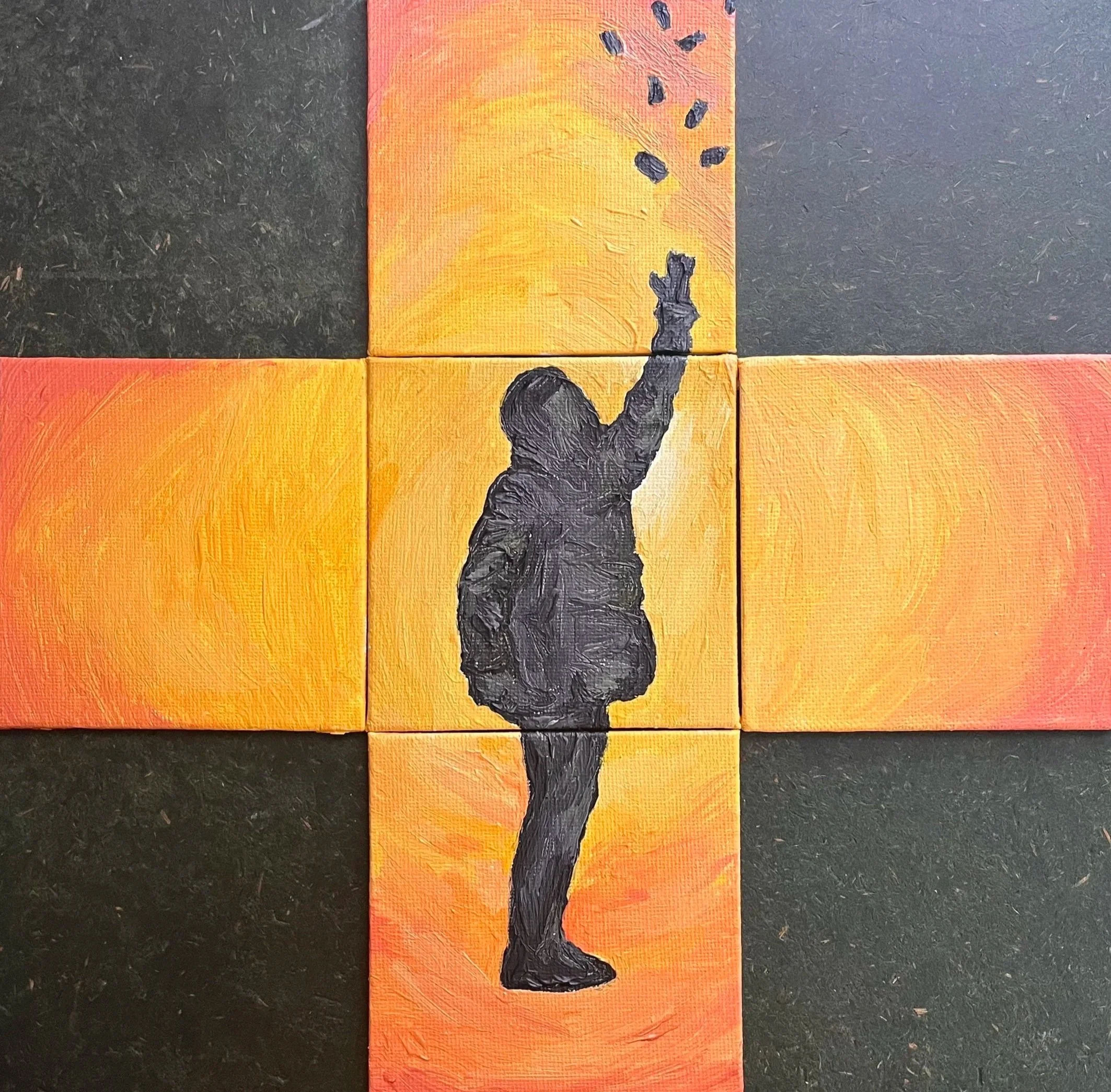Painting of a person in a hoodie, reaching up towards flying objects, with a vibrant yellow and orange background.