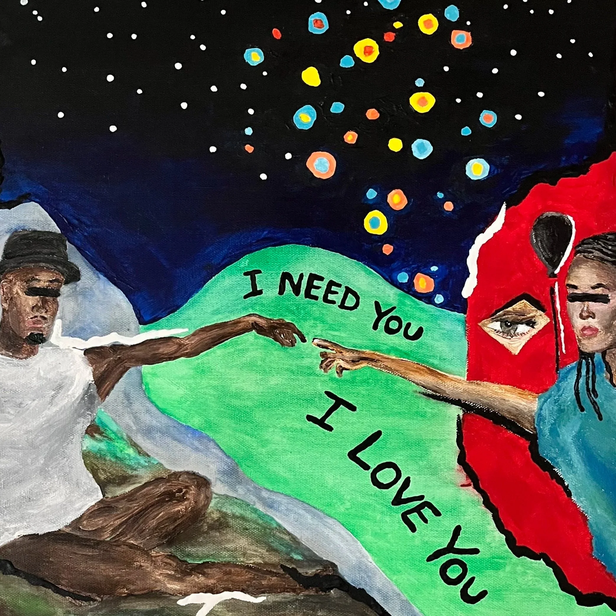 A painting inspired by 'The Creation of Adam,' featuring two figures reaching towards each other. The figure on the left is a man in white with a hat, sitting on the ground, reaching out with his right hand. The figure on the right is a woman with lo