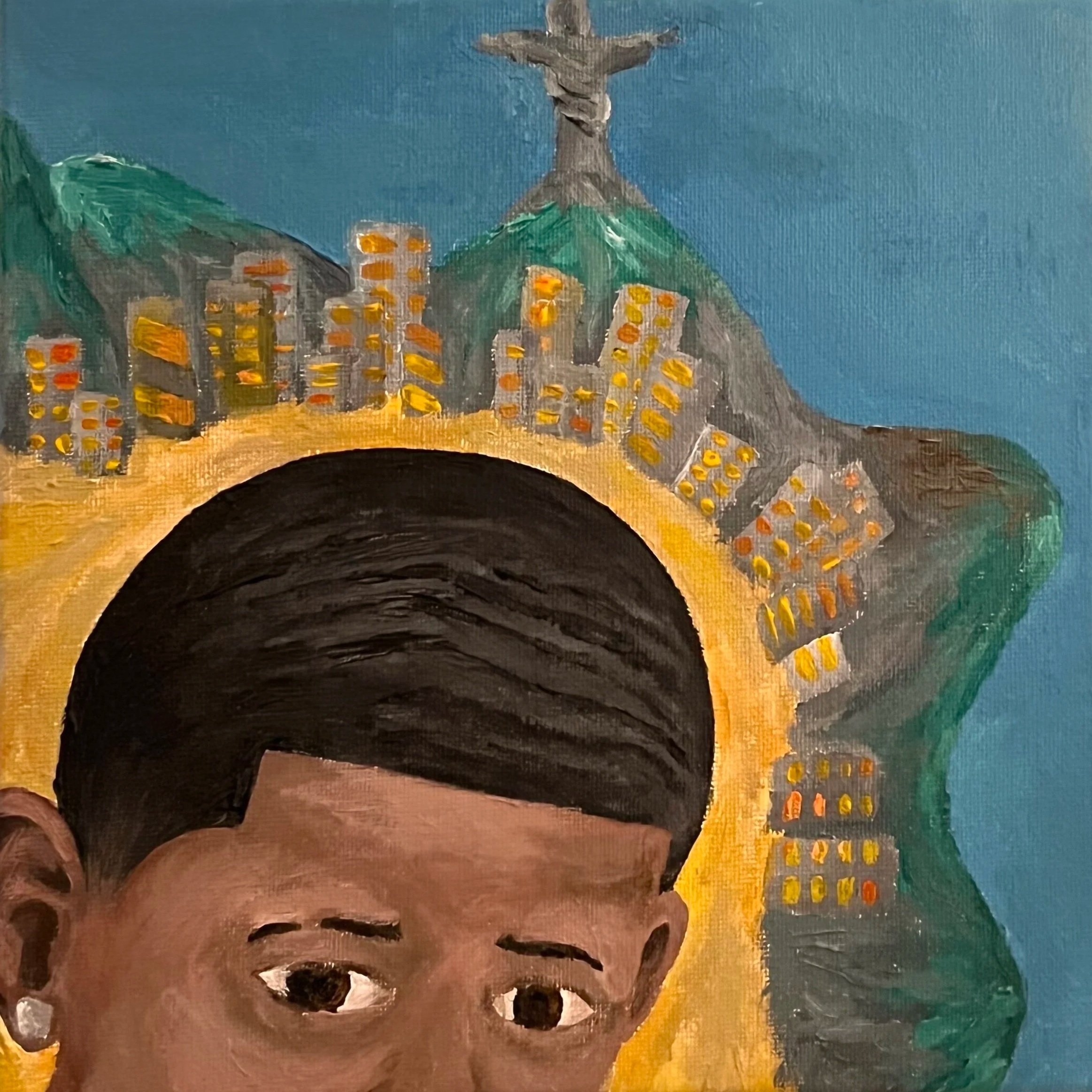 Painting of a person with a cityscape and Christ the Redeemer statue in the background.