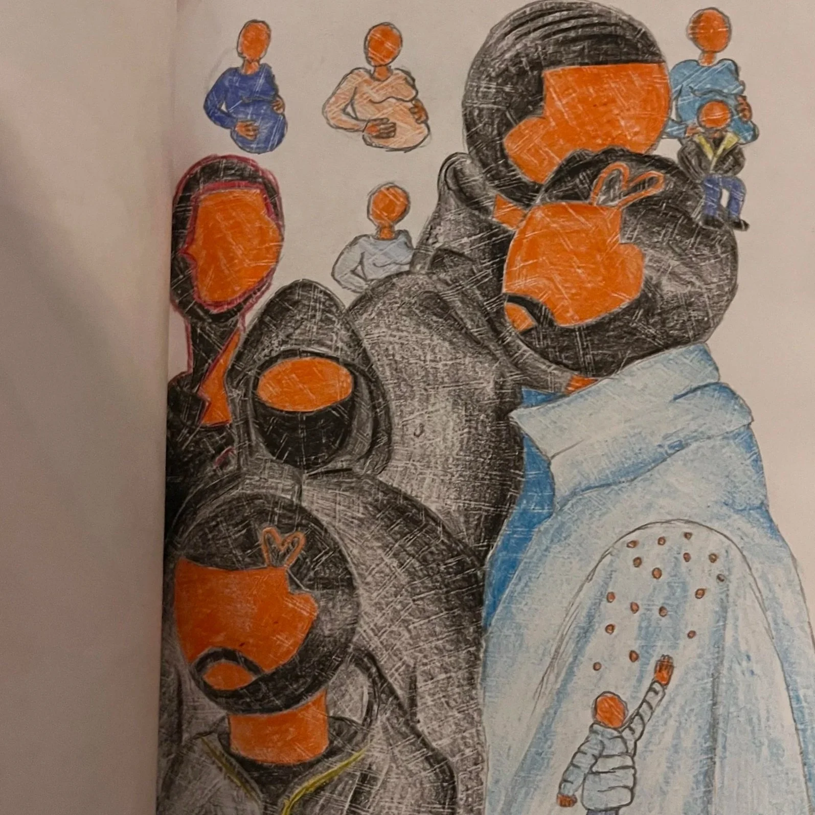 A colorful illustration of a group of faceless people, with orange faces, gathered around a large figure wearing a blue and white hoodie. The large figure has an orange apple symbol on their chest, and a person in the foreground is reaching up to thr