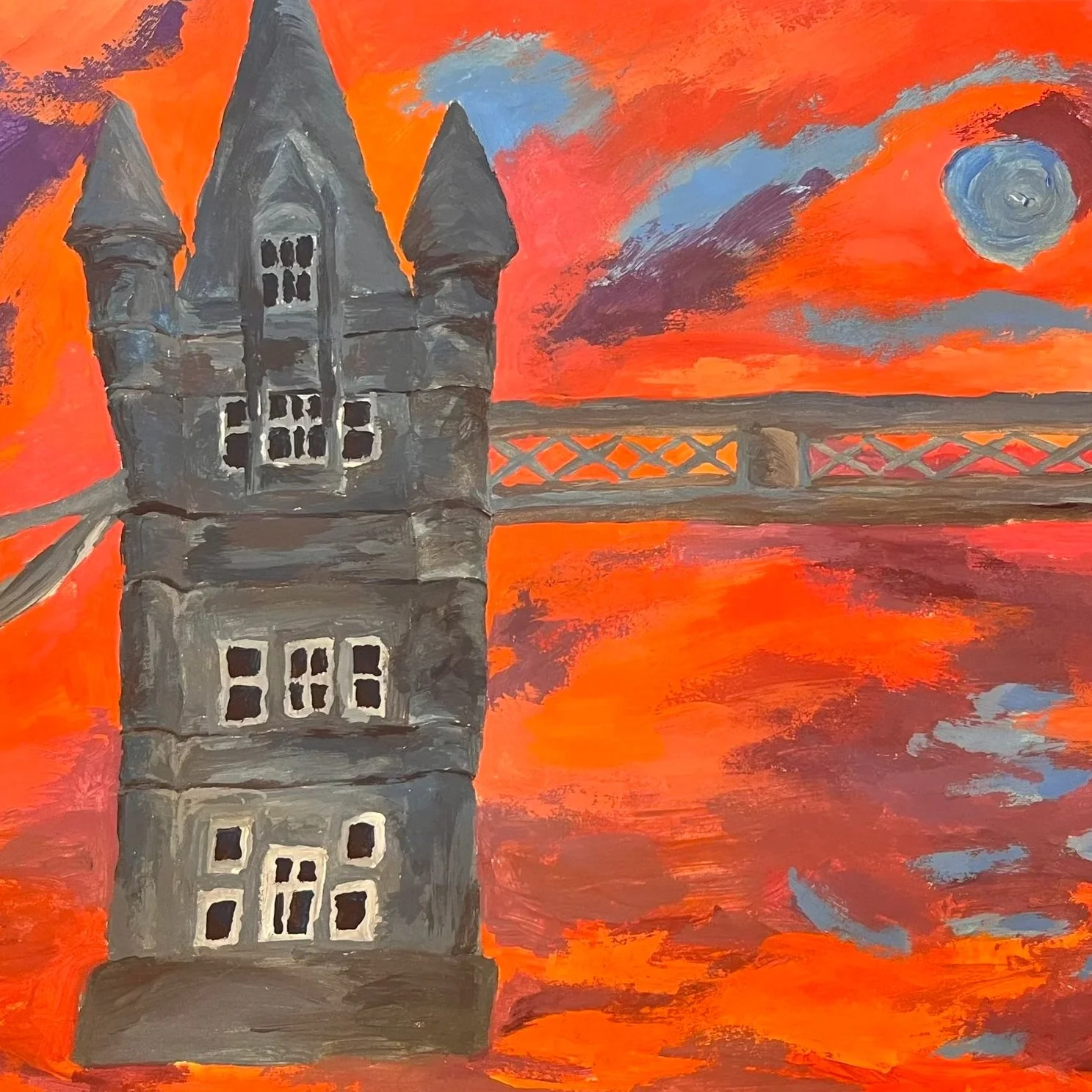 Painting of a tall, gray castle-like building with multiple windows, under a vivid orange and red sunset sky with clouds and a blue moon, reflected in water.