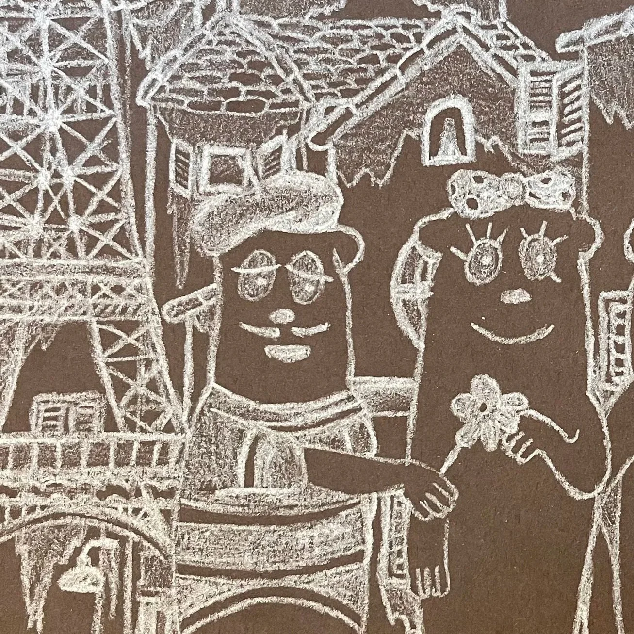 White chalk drawing on brown paper of two children with flowers, one boy with glasses and one girl with pigtails, standing outdoors with structures in the background.