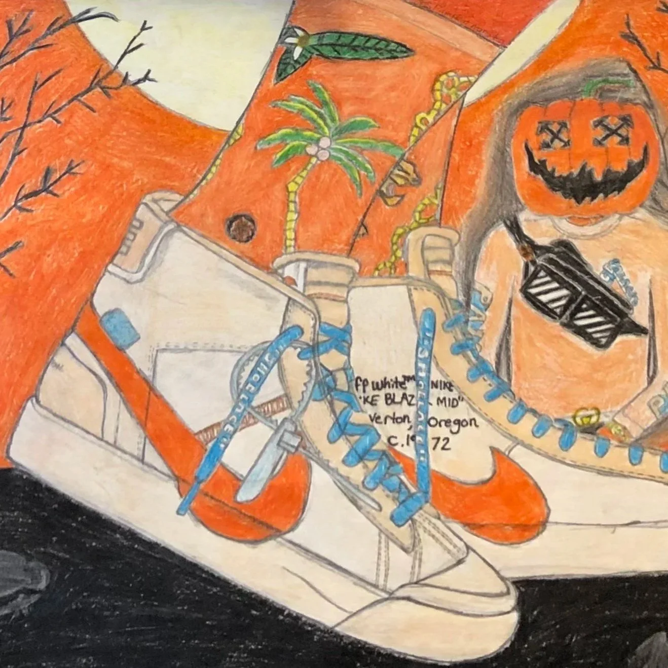 Drawing of orange and white Nike sneakers with blue laces, behind a background of halloween-themed images including a pumpkin with a carved face, a black spider, and a ghost with a pumpkin face, with orange and black colors.