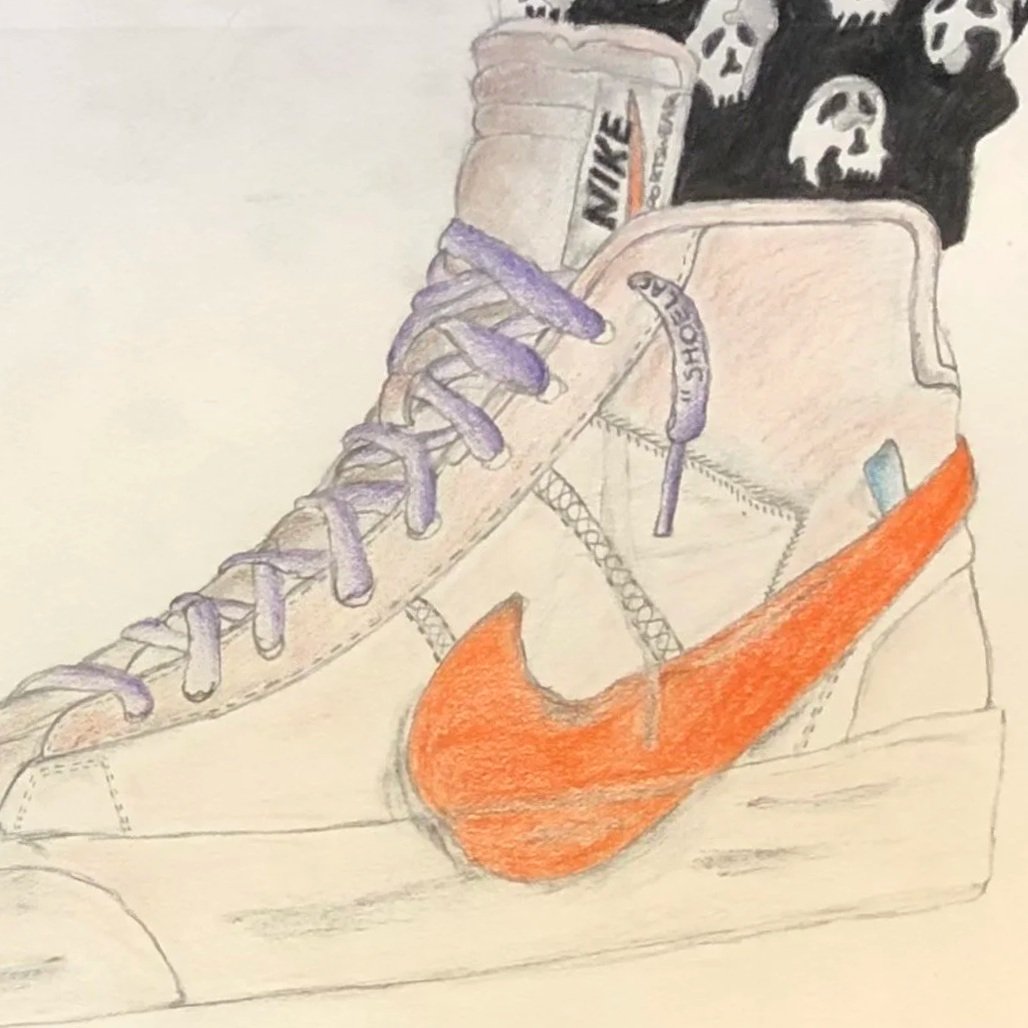 A hand-drawn illustration of a sneaker with purple laces, an orange Nike swoosh logo, and a Nike shoe box in the background. There is also a paper cup labeled 'NIKE' and some dark shapes with skull faces near the top of the image.