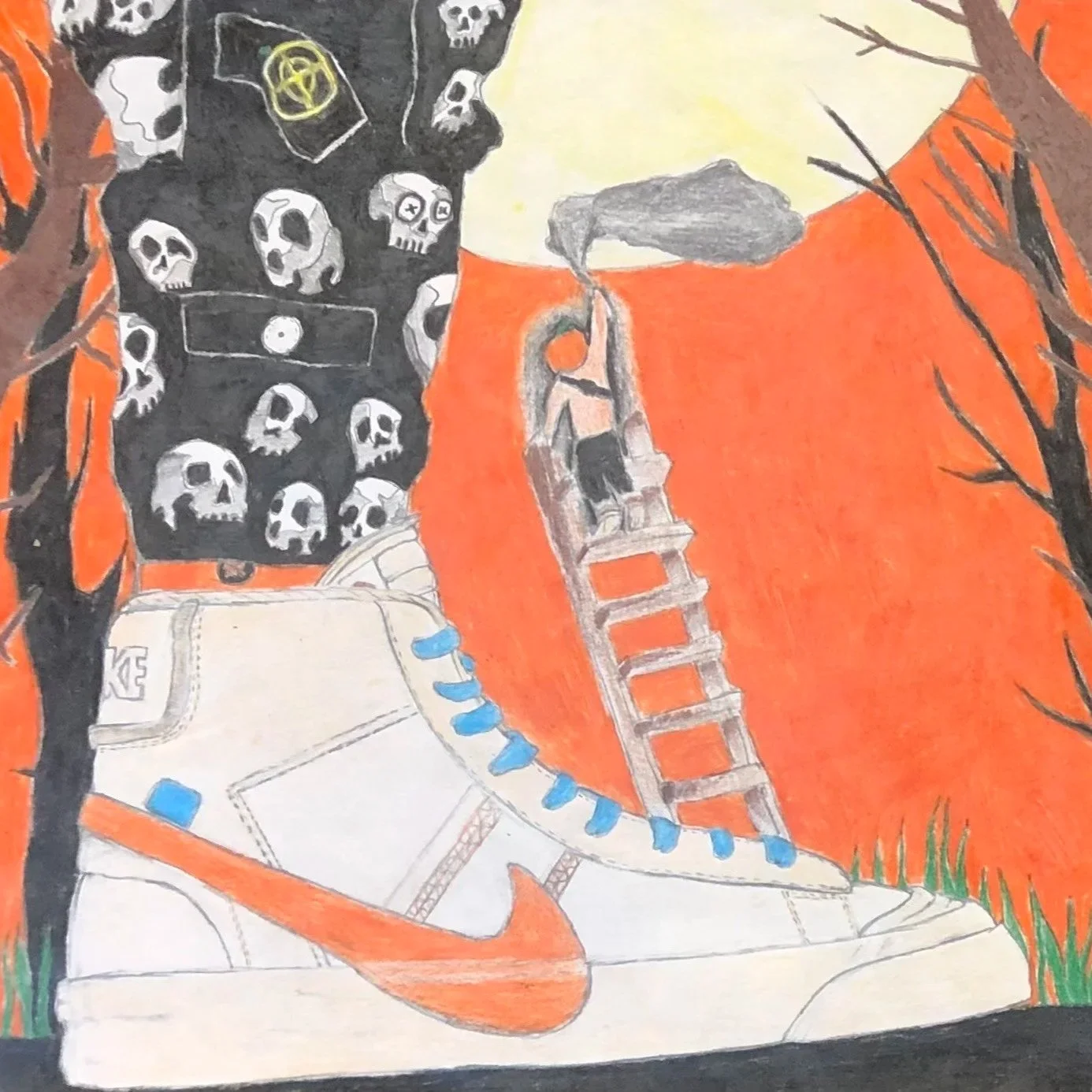 A colorful drawing depicting a Nike sneaker with orange accents in the foreground, with a background of flames, black trees, swirling smoke, and a dark sky filled with skulls and toxic symbols.