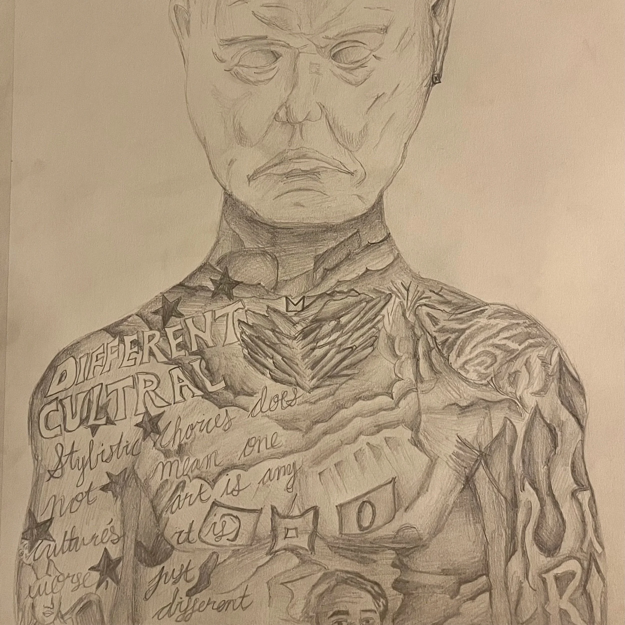 A detailed pencil drawing of a person's face and upper chest with tattoos, including words, stars, and symbols.