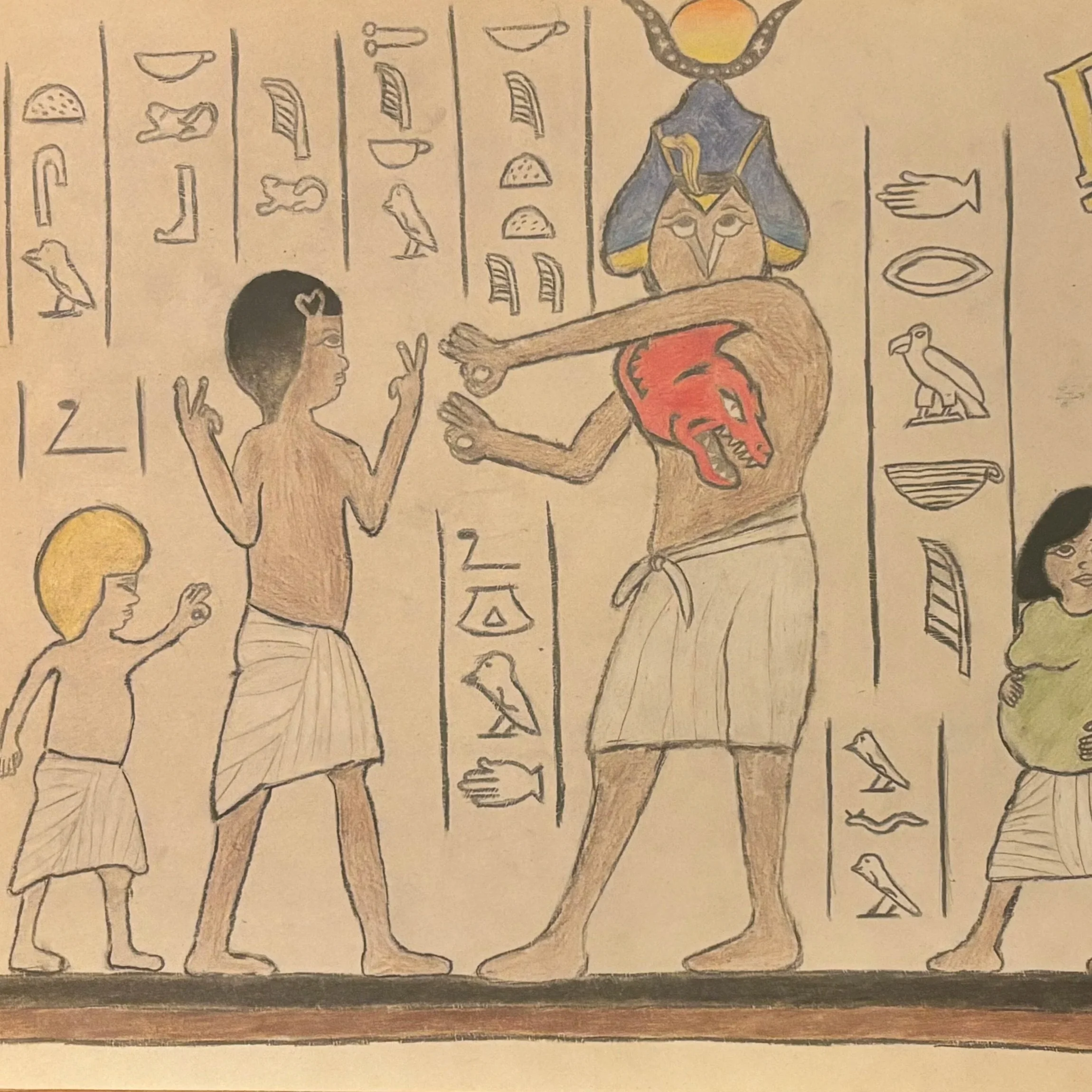 Ancient Egyptian wall art depicting gods and humans, with hieroglyphics in the background. The central figure has a smaller figure with dark skin making a peace sign next to a larger figure with a lion or feline mask, also with hieroglyphics around.