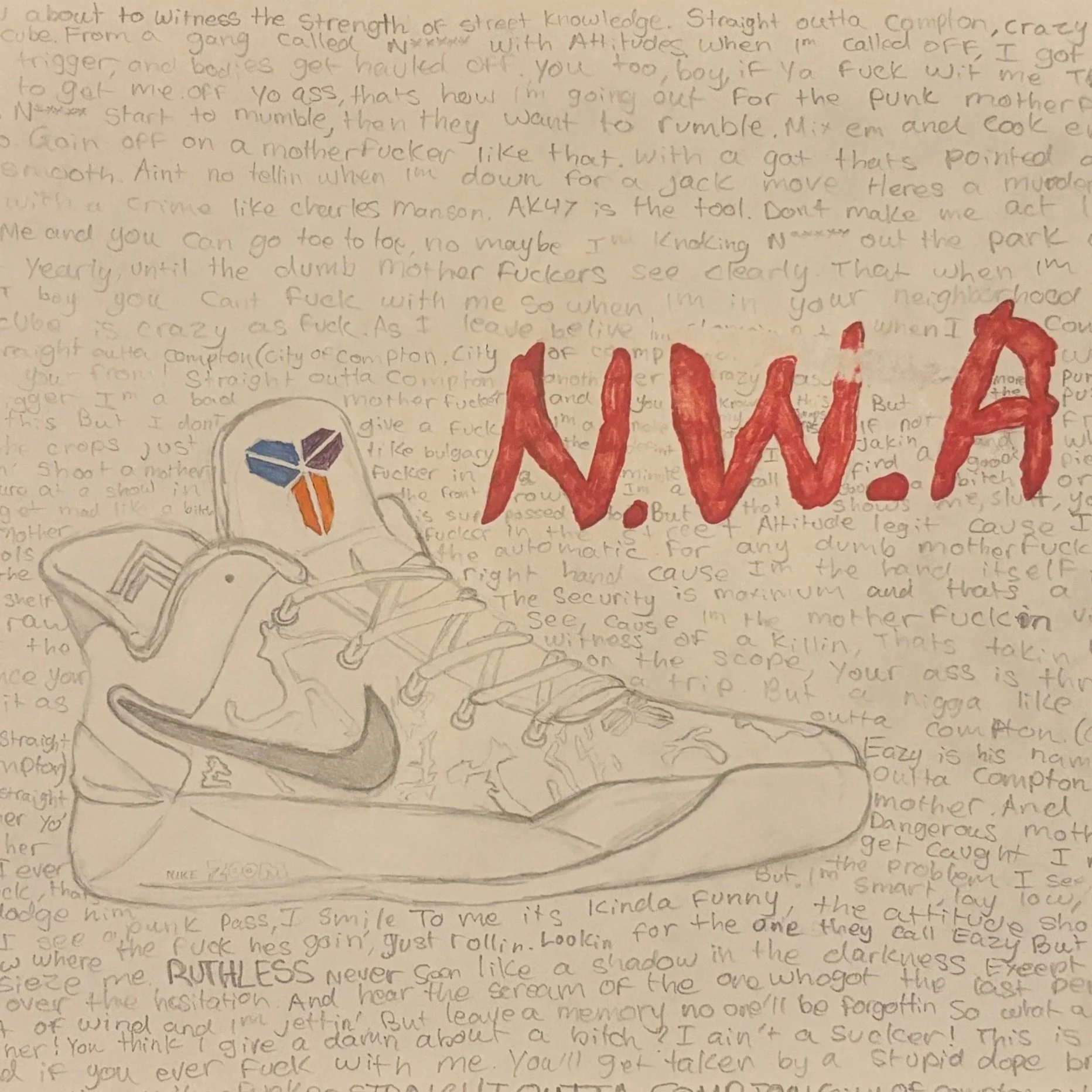 Hand-drawn sketch of a Nike sneaker with an American flag eagle logo on the tongue, with red spray paint letters "WWW" and a period.
