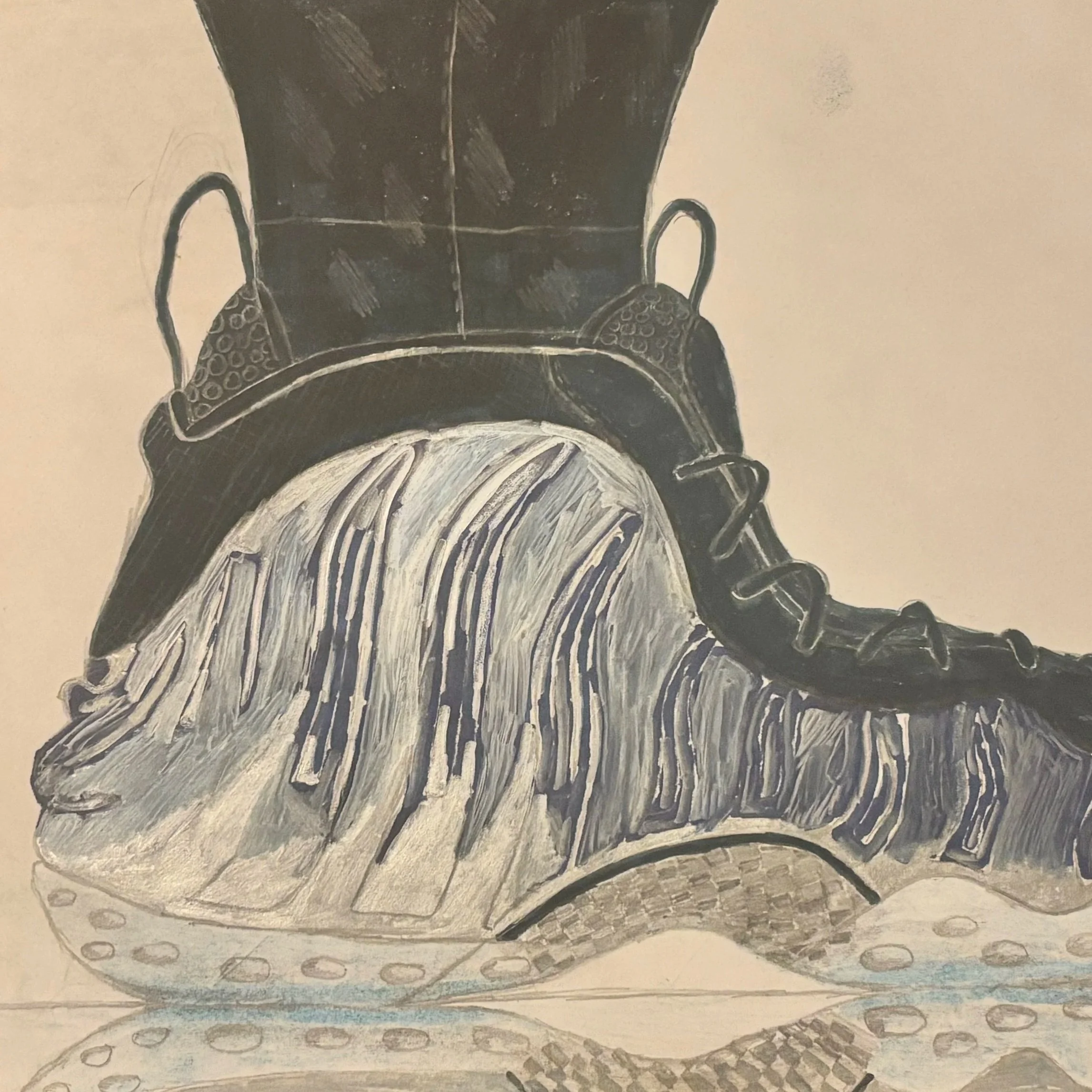 A black and white illustration of a sneaker with a thick, textured sole and laced-up upper. The shoe is depicted from a low, front angle on a flat surface.
