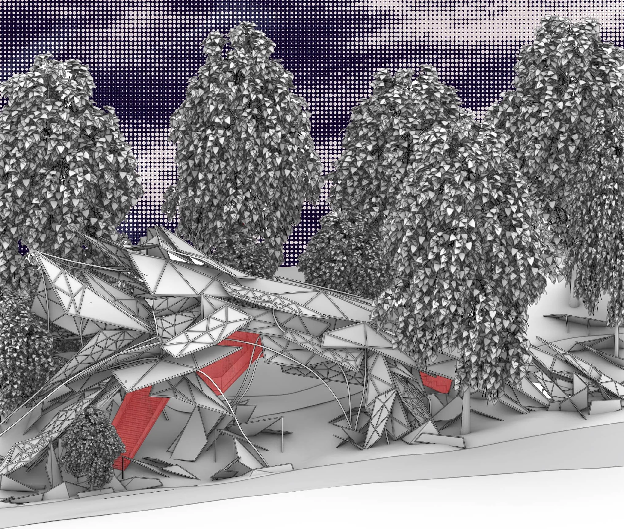 Architectural rendering of a modern pavilion surrounded by trees, featuring angular metallic and glass structure with red stairs.