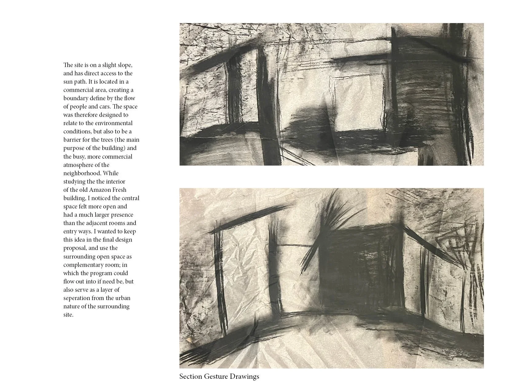 Two section gesture drawings in black and white, depicting architectural structures with open spaces and framing elements, accompanied by a column of descriptive text on the left.