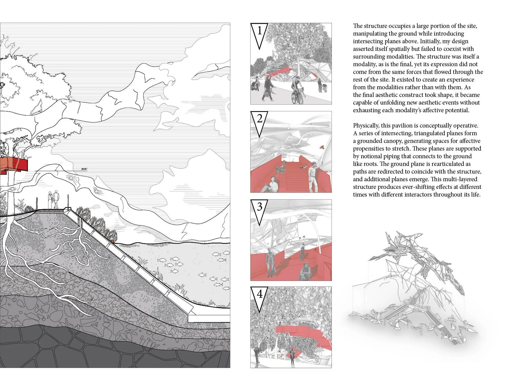 Design plan and conceptual illustrations of a pavilion structure with intersecting planes, ground supports, and integrated landscaping near a shoreline, with adjacent explanatory text and sequential image details.