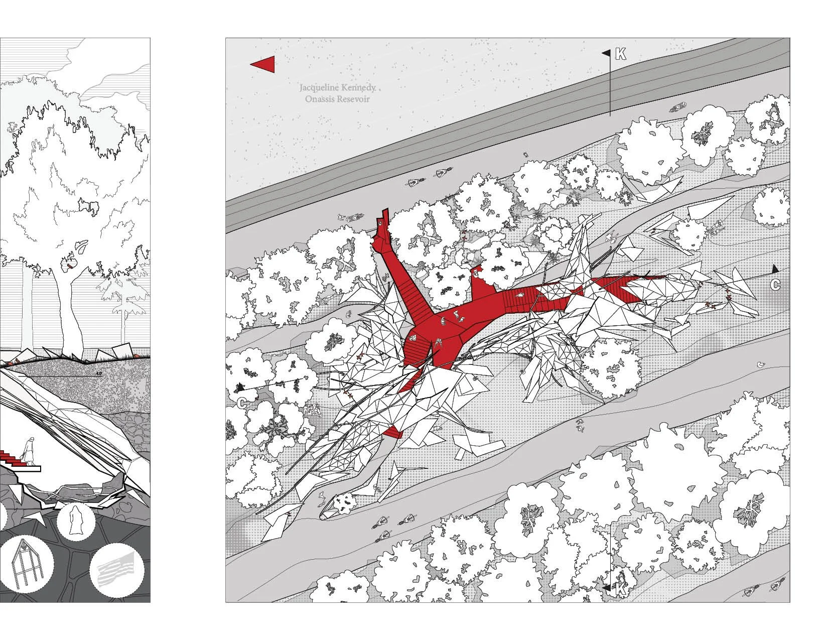 Diagram of a landscaped area with trees, paths, a water feature, and a building labeled Jacqueline Kennedy Onassis Reservoir, featuring geometric landforms and pathways.