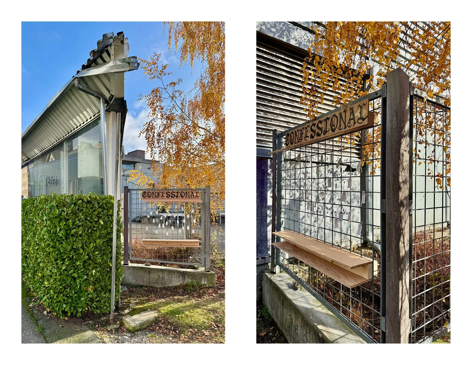 Two photos of a wooden confession booth with a metal wire fence. The booth has a wooden sign saying 'Confessional' at the top. The left photo shows the booth outside with a hedge, trees, and a building in the background. The right photo shows the boo