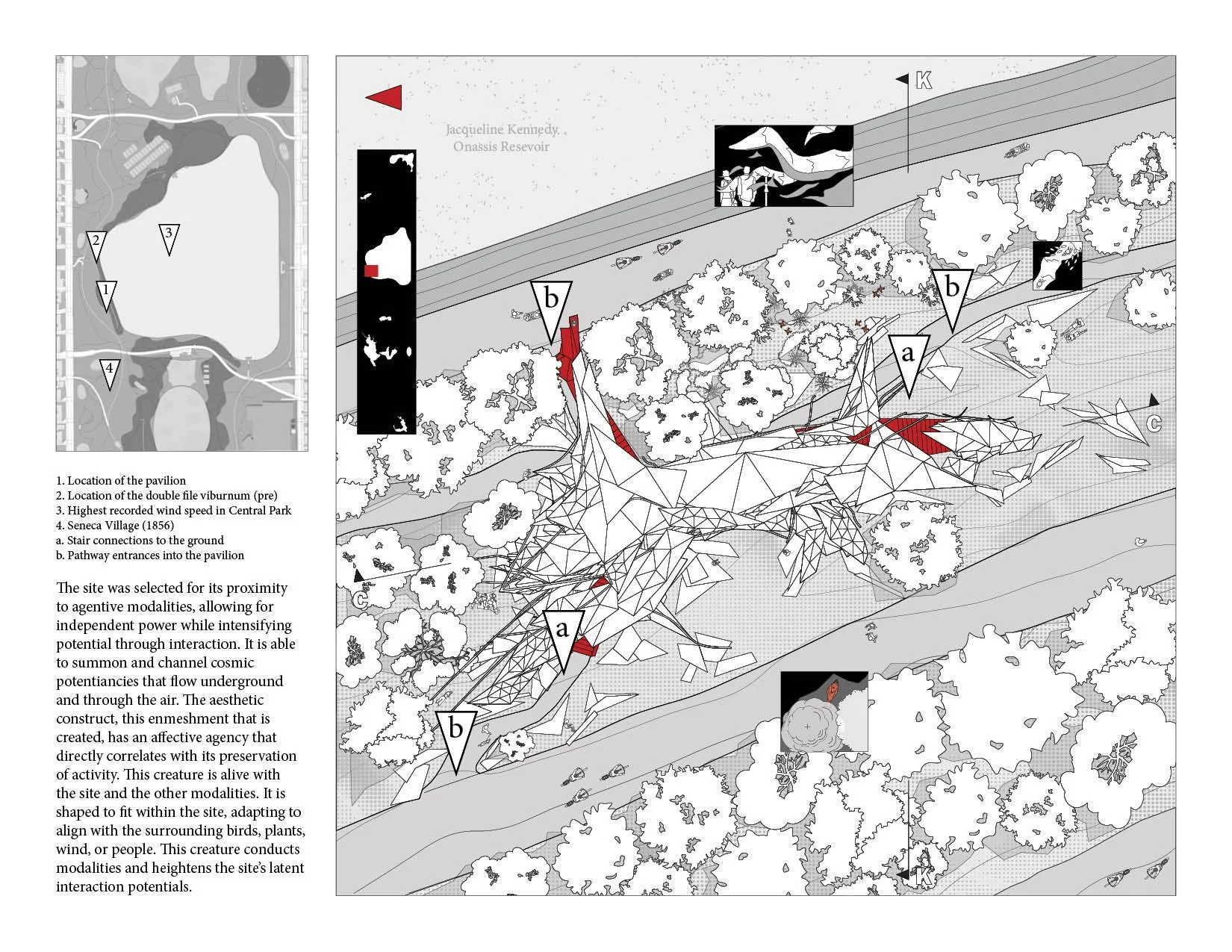 Diagram of an architectural site with pathways, trees, and structures. Includes a legend indicating pavilion location, double file viburnum, wind speed, and Seneca Village. Features artistic representations of a dragon-like creature with text describ