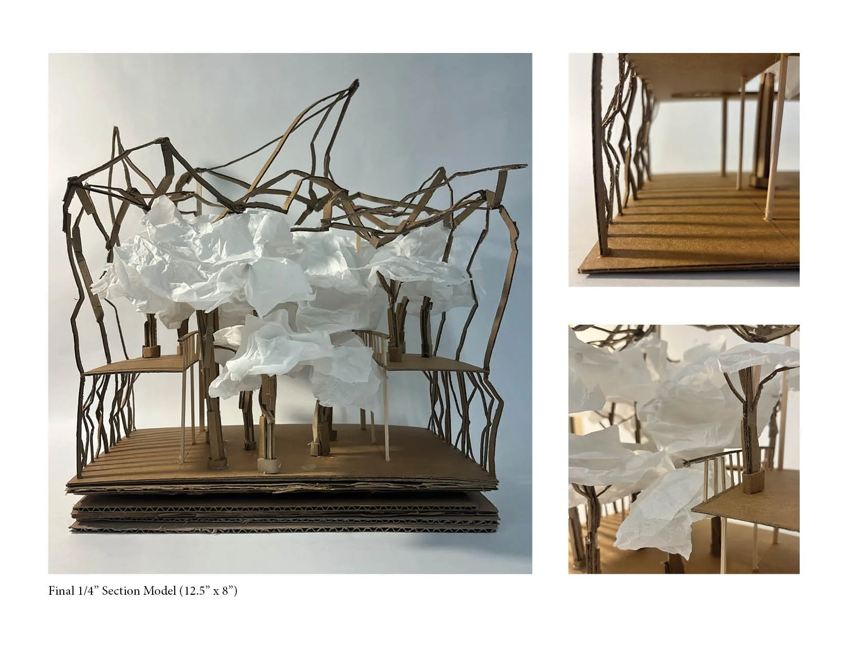 Architectural model of an interior space with a table surrounded by chairs, made from cardboard and paper, with crumpled paper representing a cloud or landscape element. The model is titled "Final 1/4" Section Model" and measures 12.5 inches by 8 inc