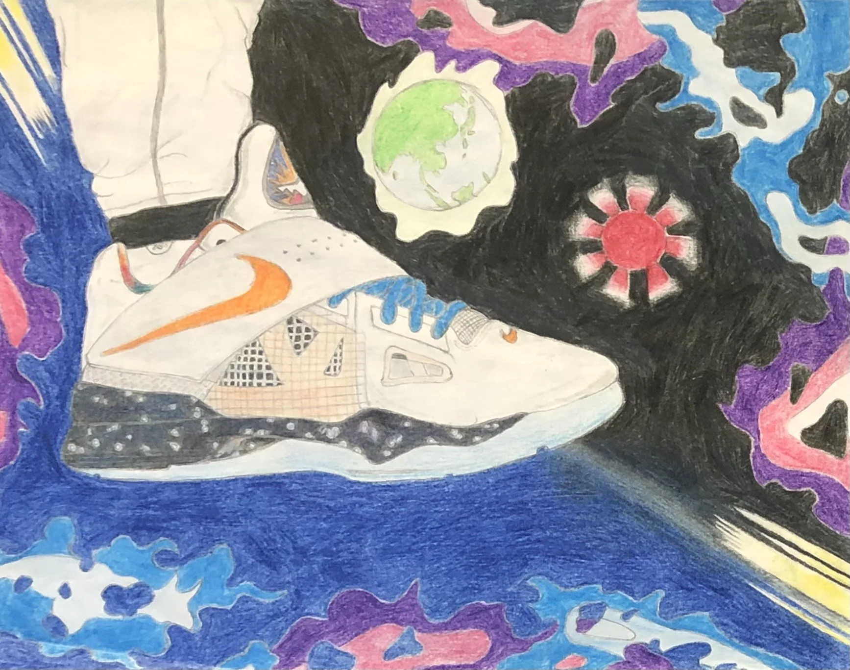 Drawing of a white Nike sneaker against a cosmic background with images of Earth, the COVID-19 virus, and abstract colorful shapes.