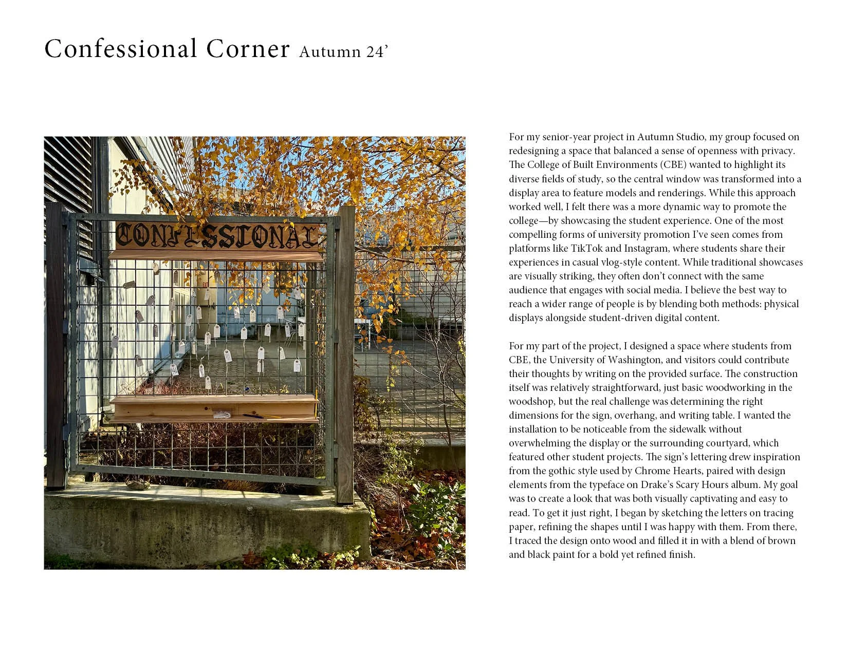 An outdoor art installation titled 'Confessional Corner' with a wooden sign that reads 'CONFESSIONAL' hanging above a wire enclosure filled with small white tags attached to the wire, set against autumn foliage.