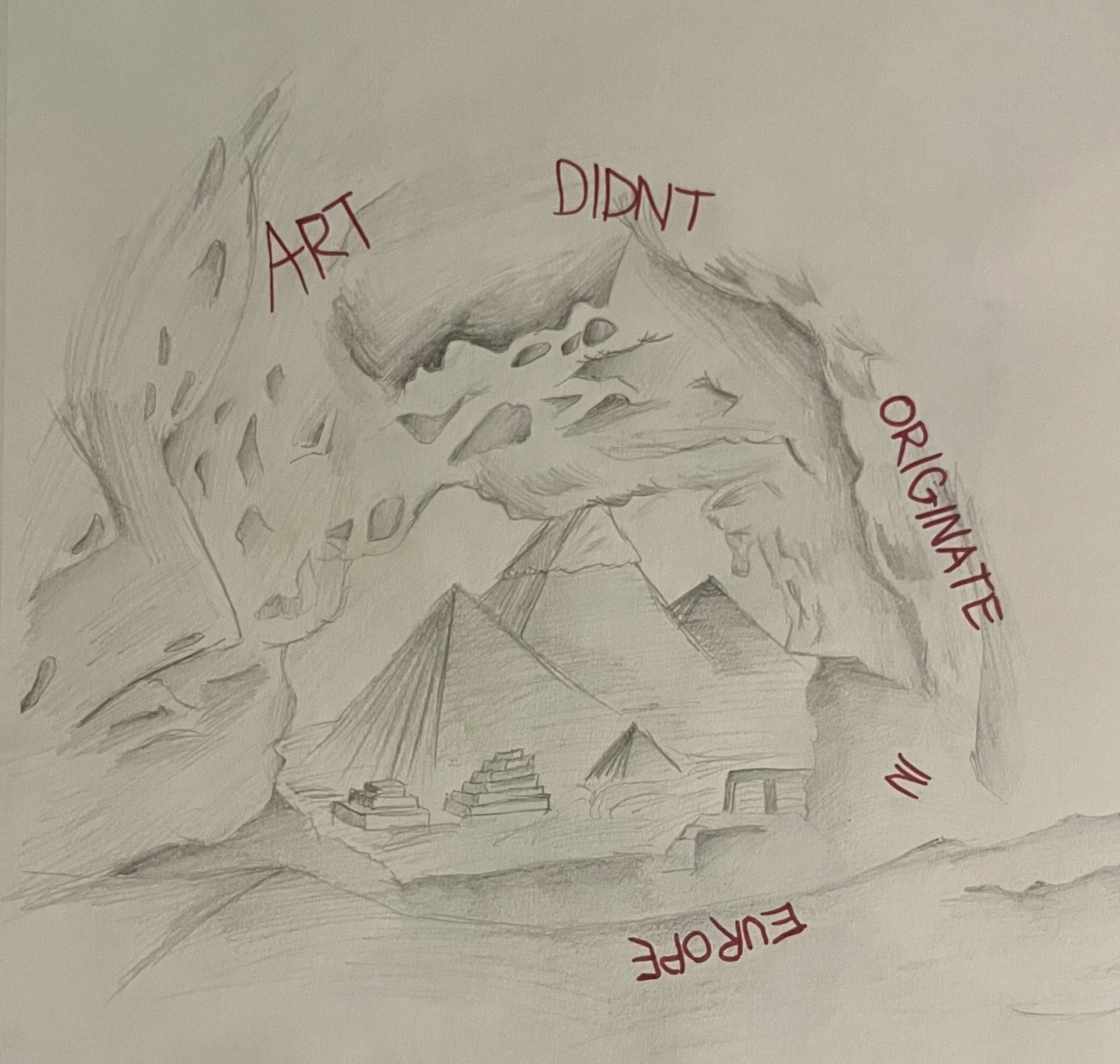 Sketch of a cave opening with labeled phrases: 'ART DINT,' 'ORIGINALE,' 'NU,' and 'EURKOP,' with pyramids and ruins in the background.