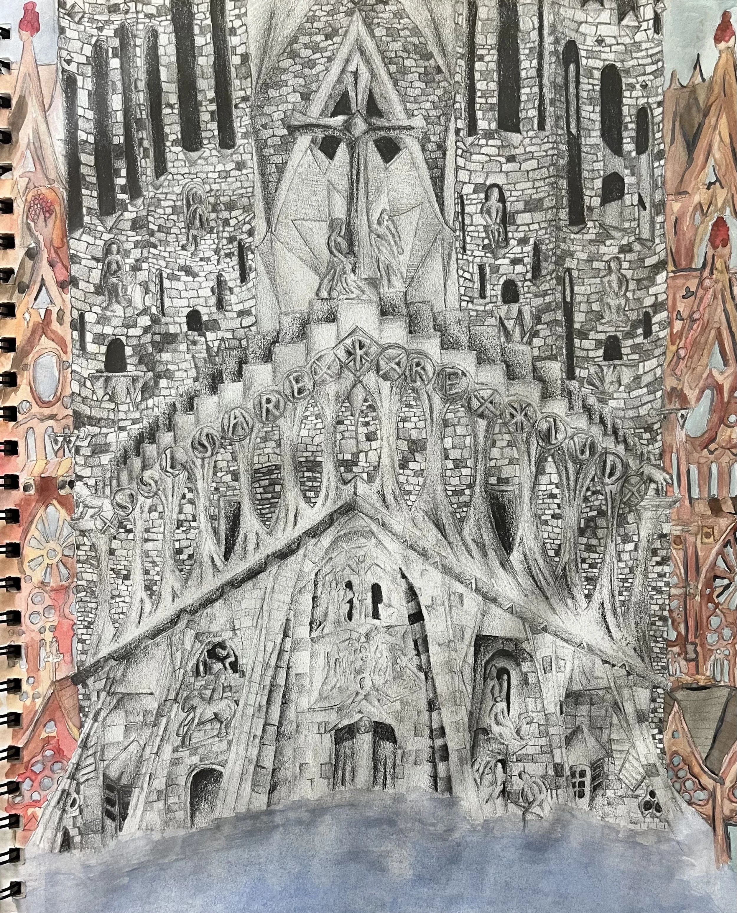 Detail of the Sagrada Familia, a famous basilica in Barcelona, Spain, with intricate stone carvings and sculptures on the facade.