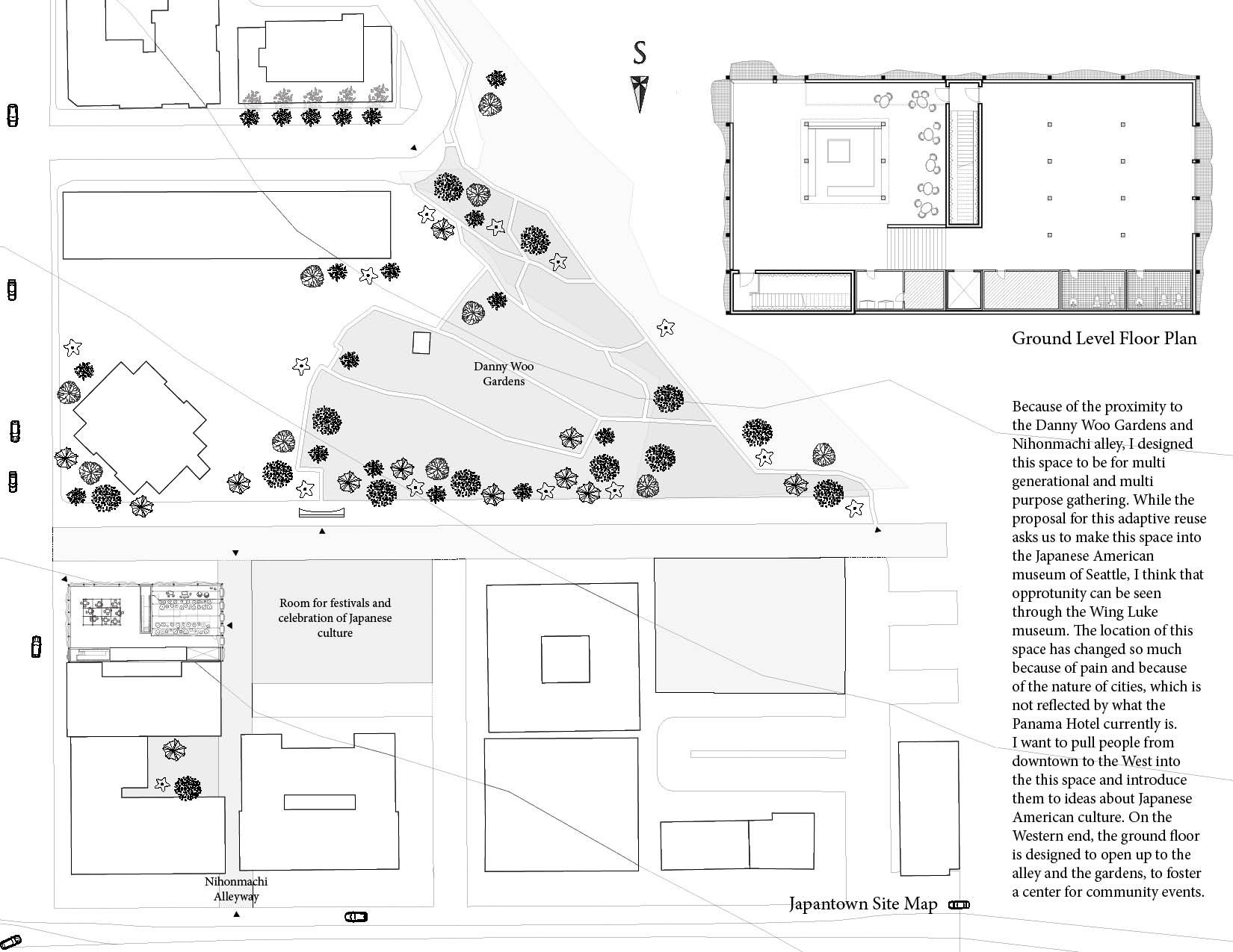 A site map with labeled areas including Danny Woo Gardens, a room for festivals and celebration of Japanese culture, Nihonmachi Alleyway, and a Japanese American museum. The map has a ground level floor plan of a building, notes on the design intenti