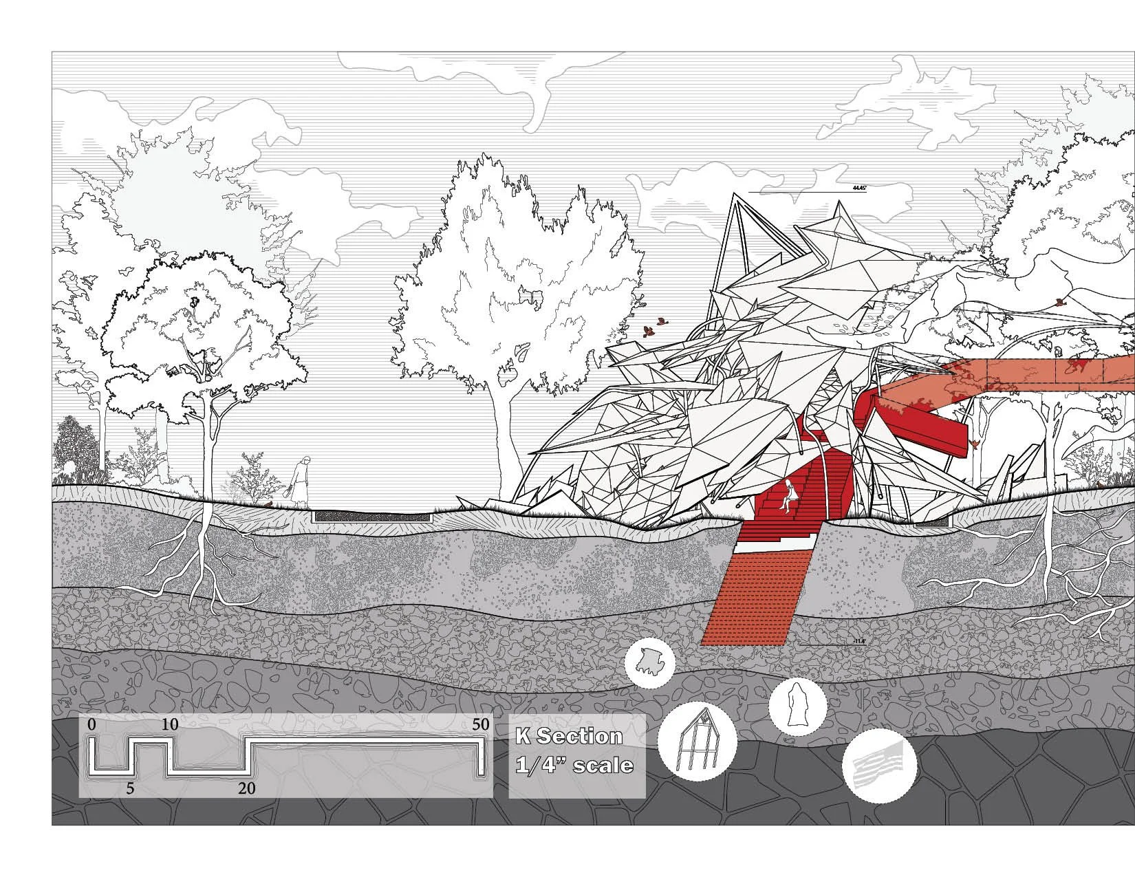 Architectural illustration of a building design with geometric, angular shapes integrated with natural surroundings, showing trees, underground layers, and a red pathway leading to the structure.