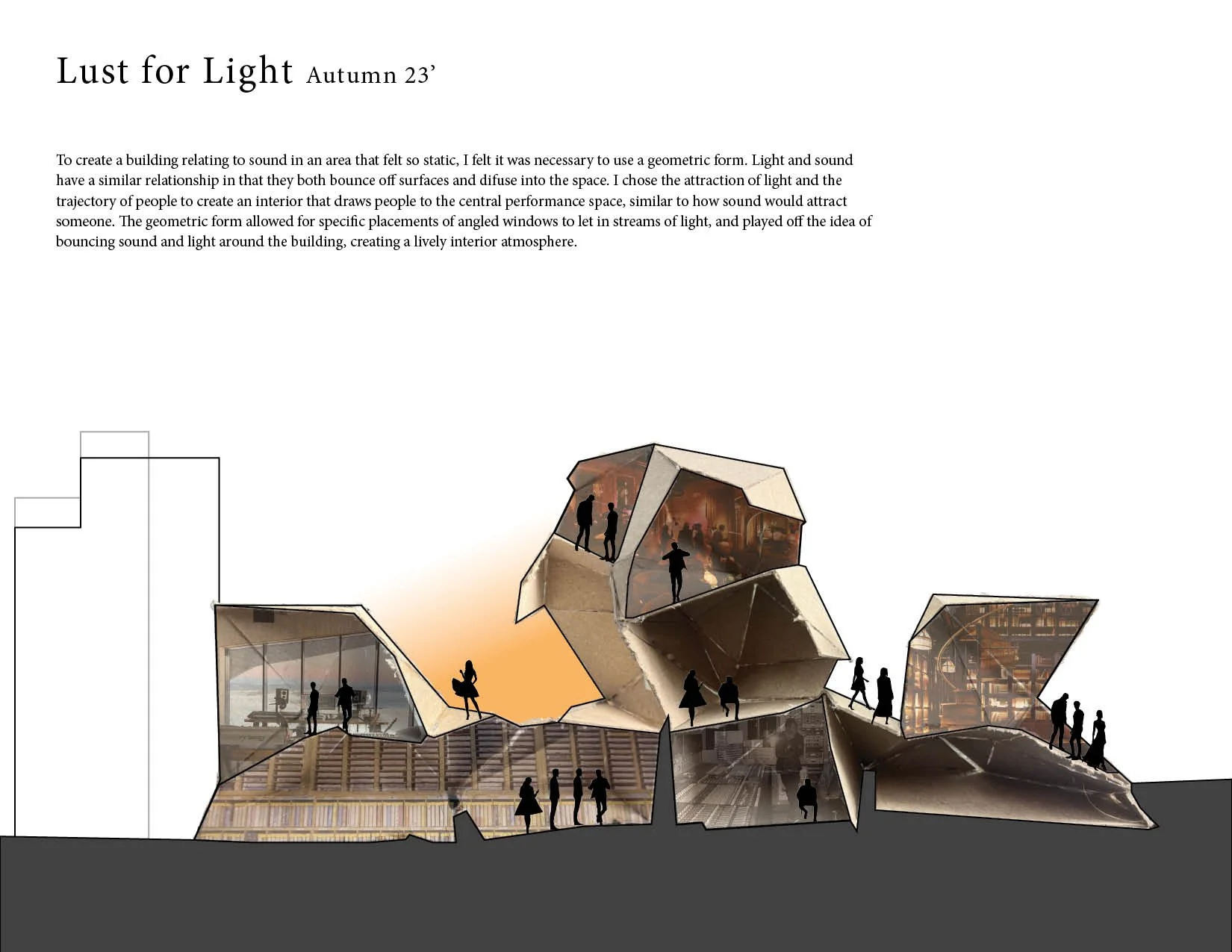 Architectural model of a modern, geometric building with multiple angular glass and metal modules, showcasing interior and exterior spaces with people inside and walking outside.