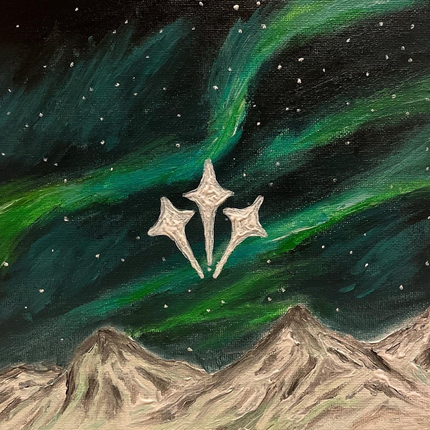 A painting of a mountain range under a starry night sky with the Northern Lights and the Millennium Falcon from Star Wars flying through the sky.