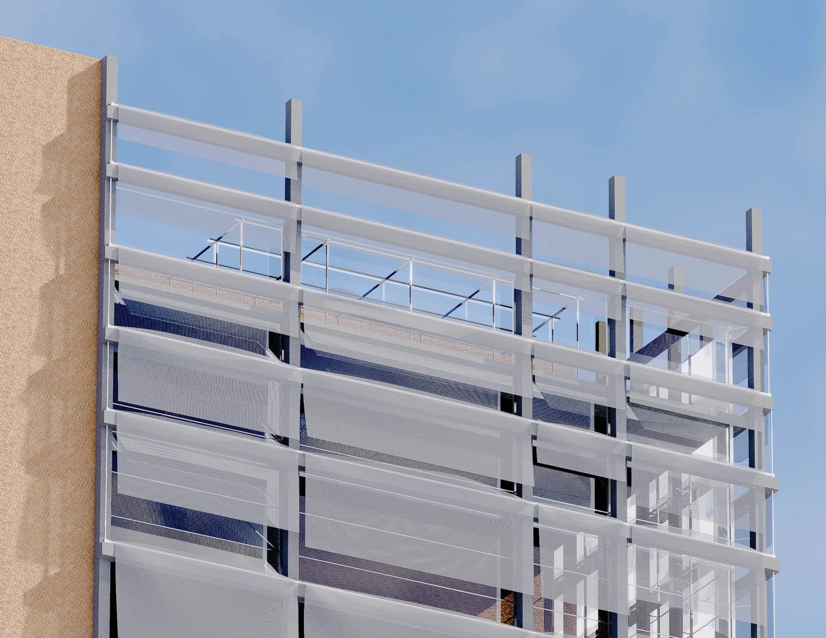 Modern building with transparent solar panels or shading devices on an upper floor, against a clear blue sky.