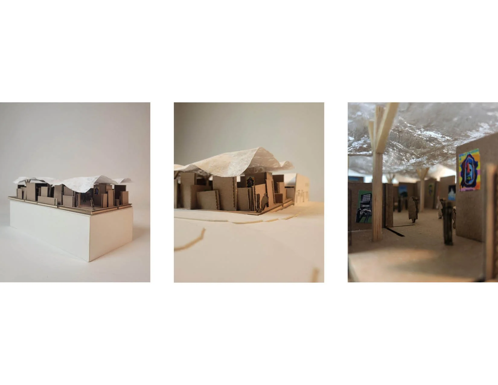 Three architectural models of interior spaces made from cardboard, paper, and other materials, with each showing different details and layouts.