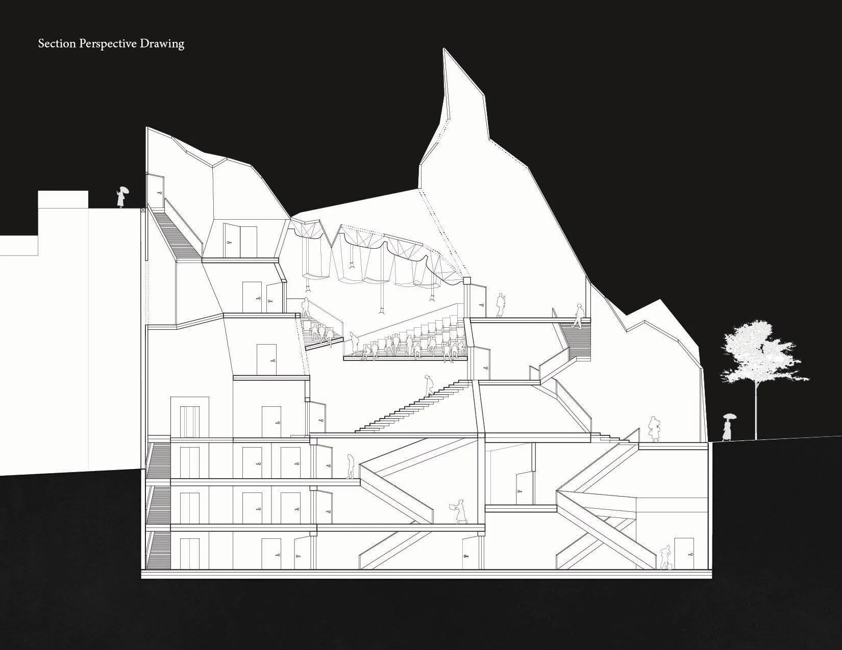 Section perspective drawing of a multi-level underground space with stairs, rooms, and a large interior area with hanging structures, set against a landscape with trees.
