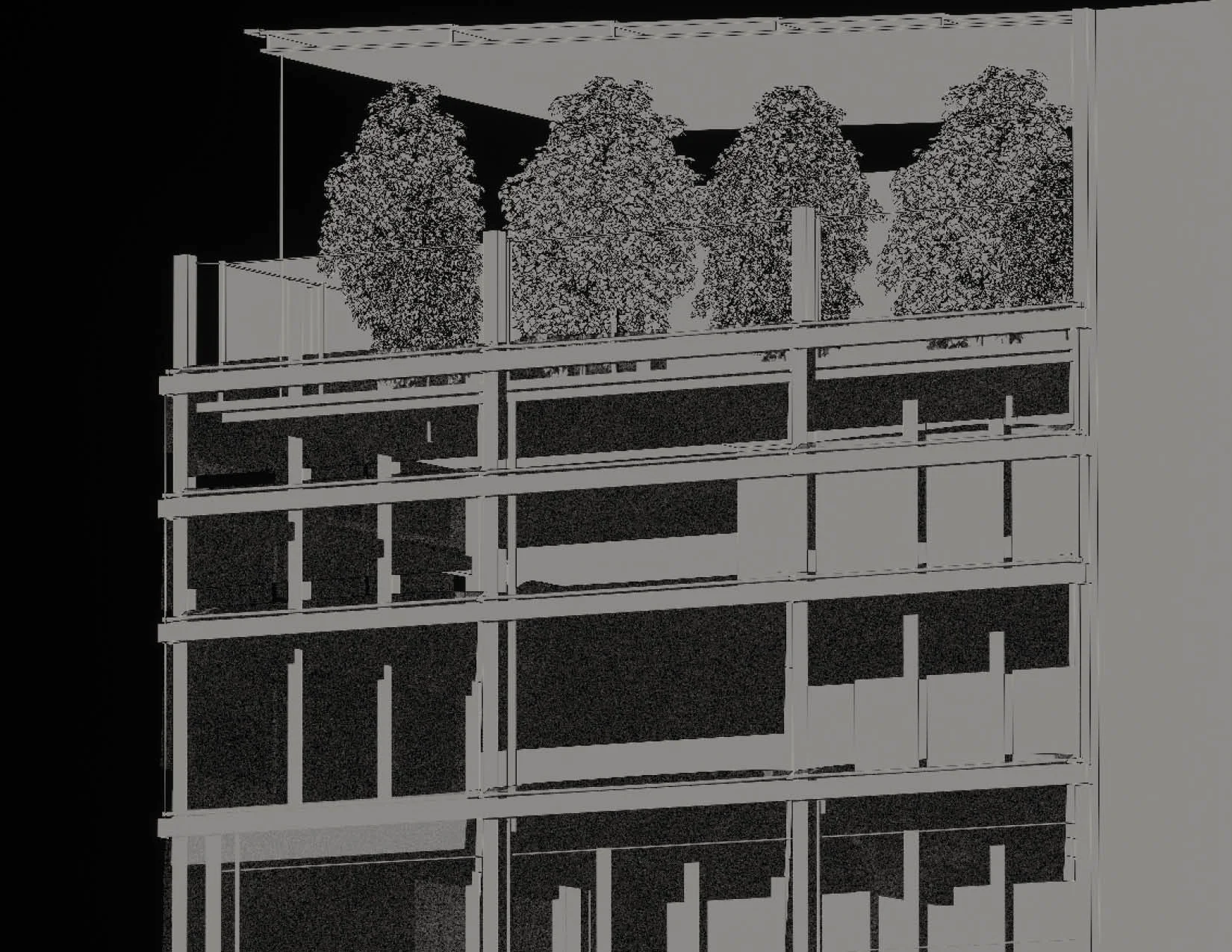A black and white architectural drawing of a multi-story building under construction with trees on the top floor.