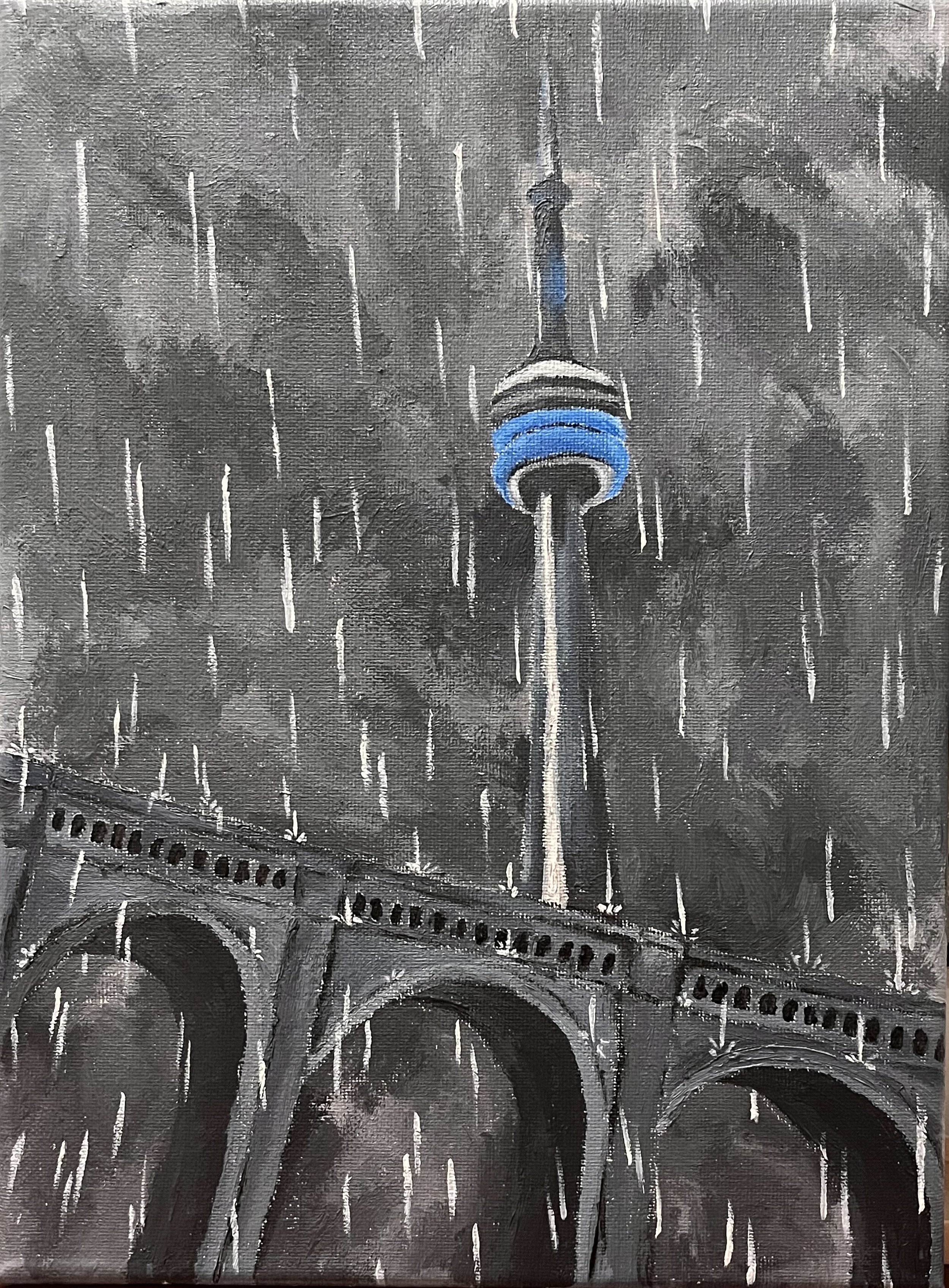 Painting of a cityscape featuring the CN Tower with rain falling in the background and an arched bridge in the foreground.