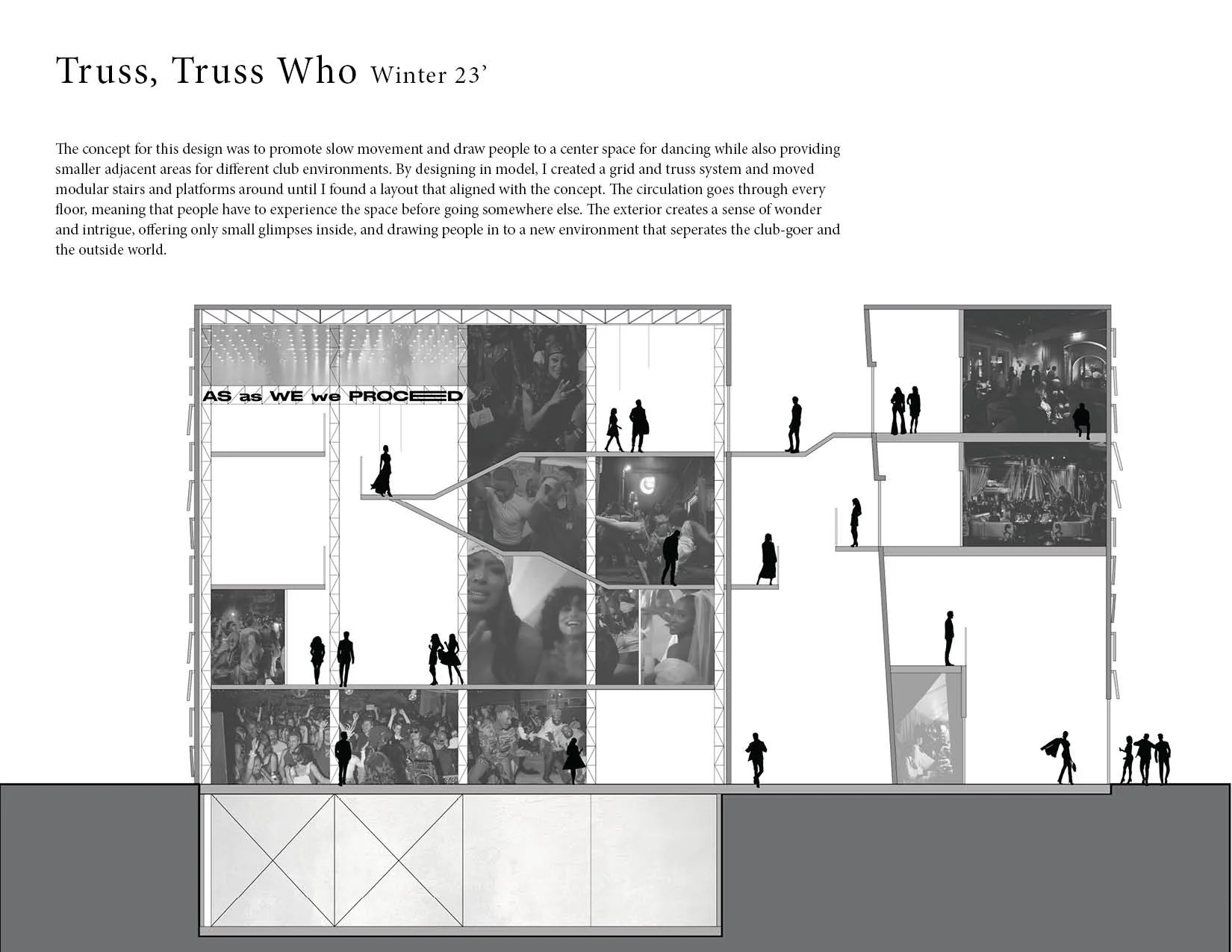 Cross-section architectural drawing of a multi-story building with people inside and outside, showing different interior spaces and a mezzanine level, with black and white photos of social scenes and a sign that reads 'AS as WE we PROCEED'
