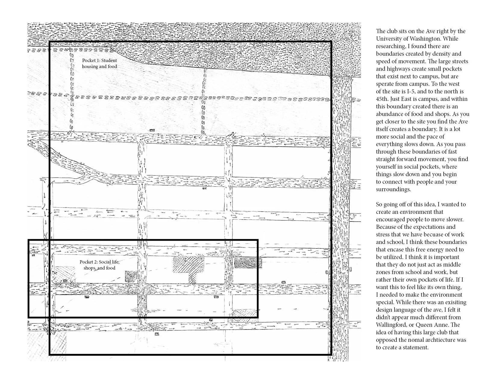 Diagram of a large social space with labeled sections for student housing, shops, and food, and text explaining the design concept aimed at encouraging slower movement and social interaction.