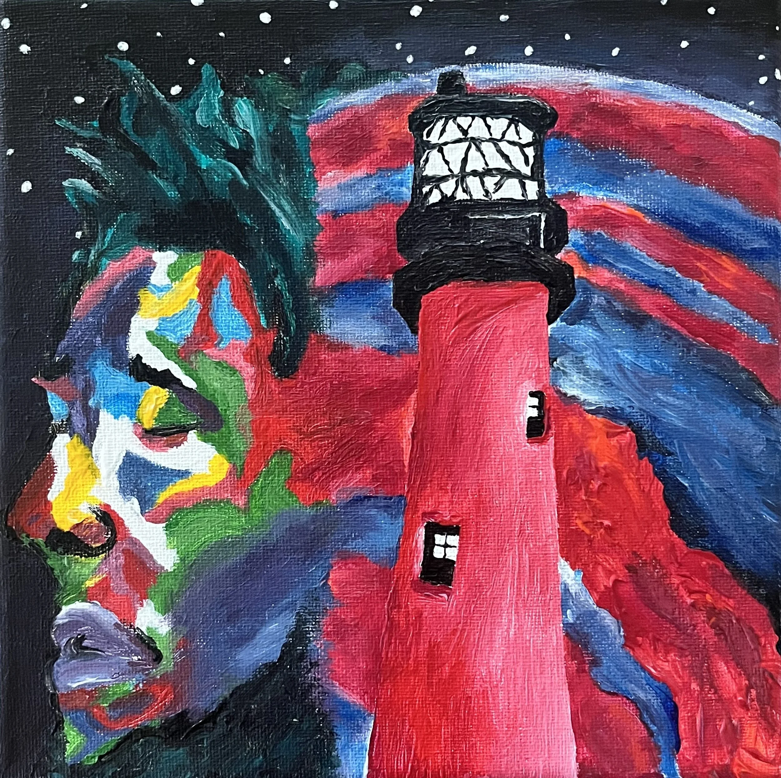 Colorful abstract painting of a red lighthouse with a black lantern on top, surrounded by vibrant swirling patterns in red, blue, green, purple, and white, resembling a night scene with stars.