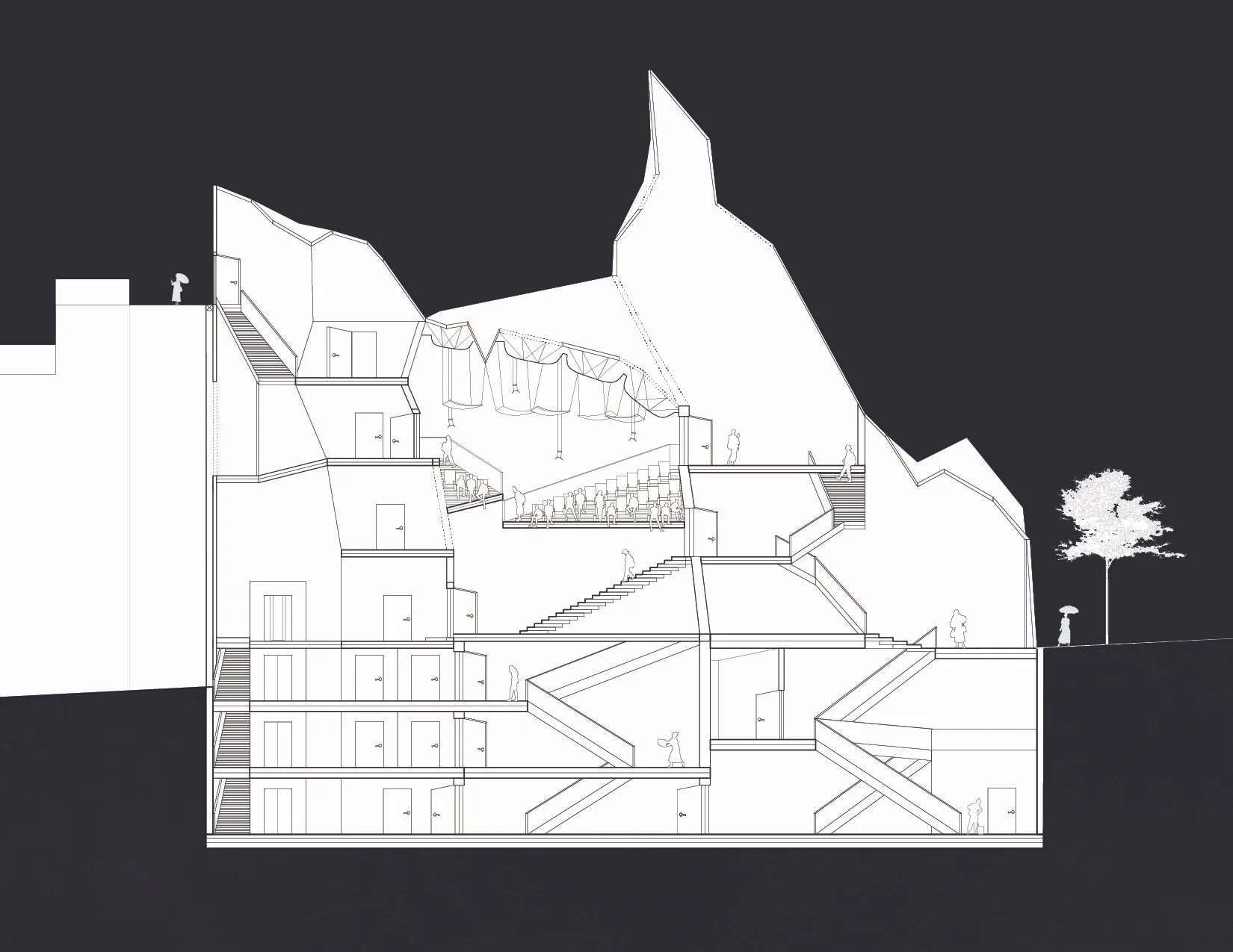 Architectural cross-section drawing of a multi-level building integrated into a rocky landscape with staircases, rooms, and people inside and outside.