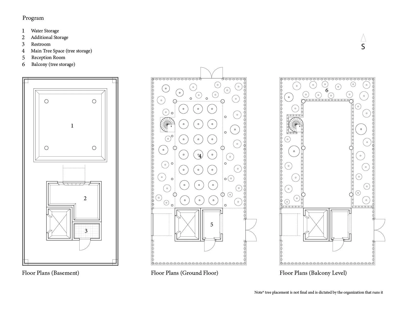Floor plans of a building's basement, ground floor, and balcony level, including water storage, additional storage, restroom, main tree space, reception room, and balcony with tree storage, with a north arrow pointing to the right.