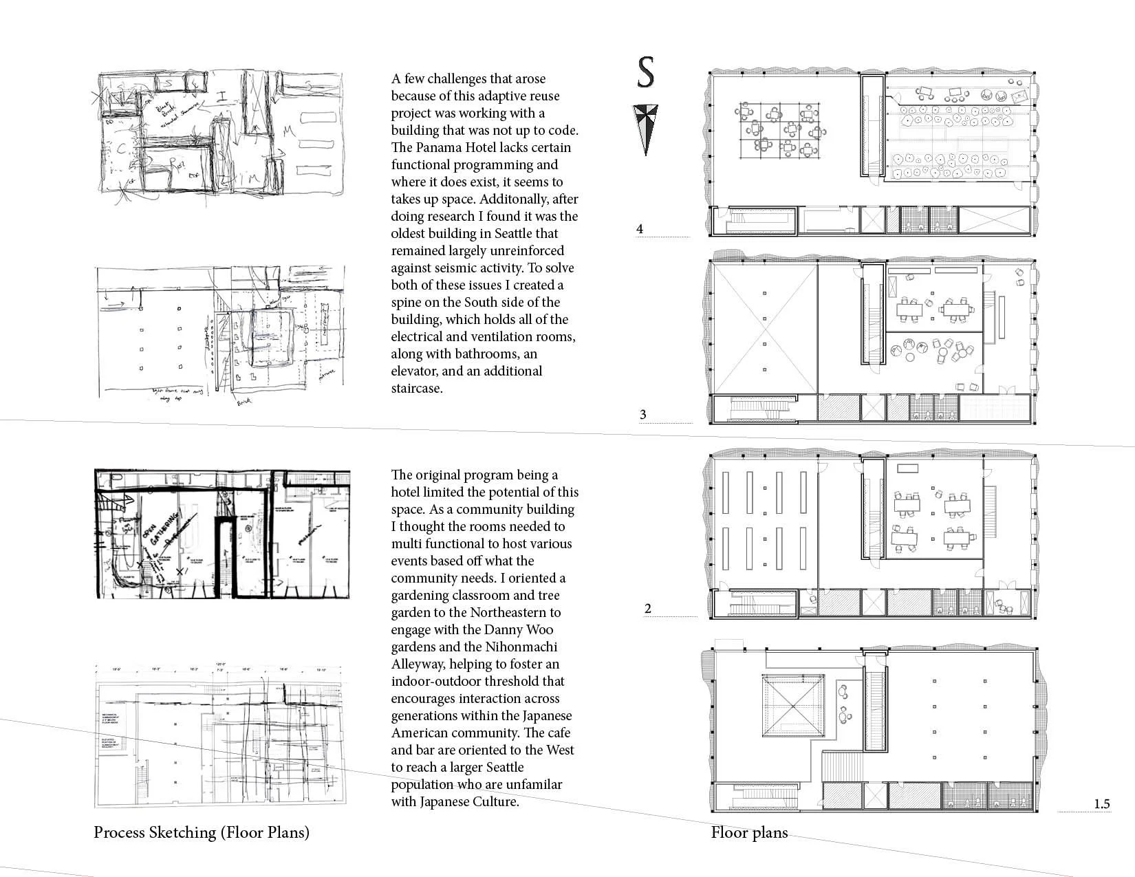 Sheet of architectural plans with floor plans, process sketches, and written descriptions discussing adaptive reuse project at the Panama Hotel, involving structural improvements, functional spaces, and community-oriented features.