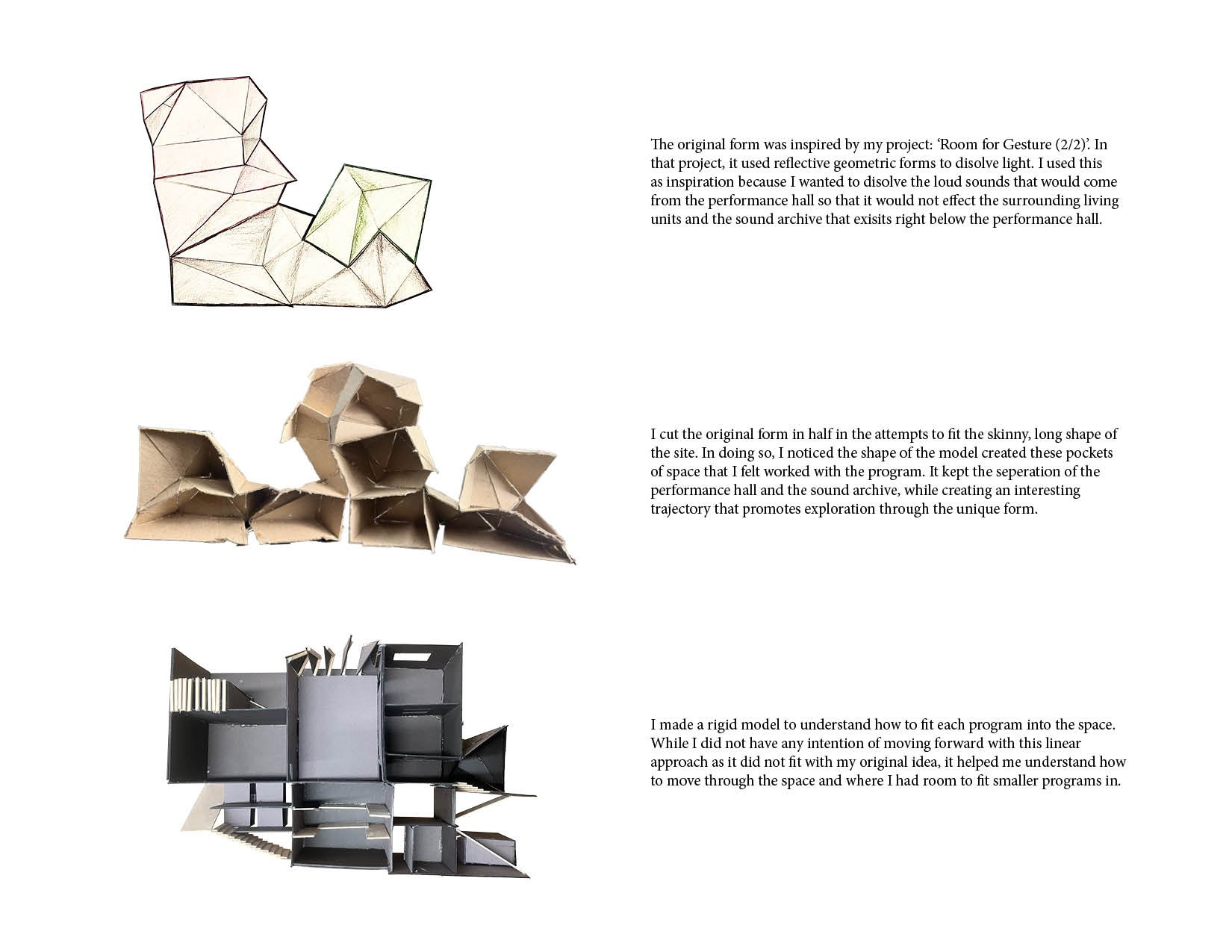 Three architectural models made of cardboard with associated descriptive text on a white background, demonstrating different design approaches.