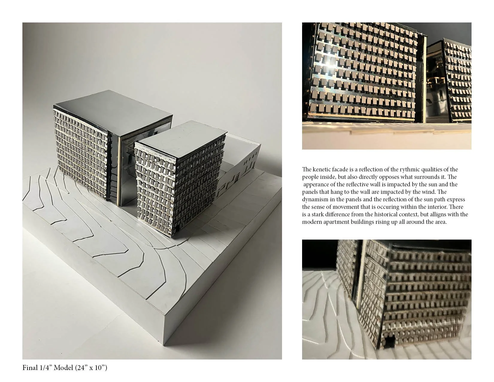 A scale model of a modern apartment building with three towers on a white base with patterned lines. Two close-up images show the reflective metal facade with a grid of panels. The text explains the building's design inspired by rhythmic qualities an
