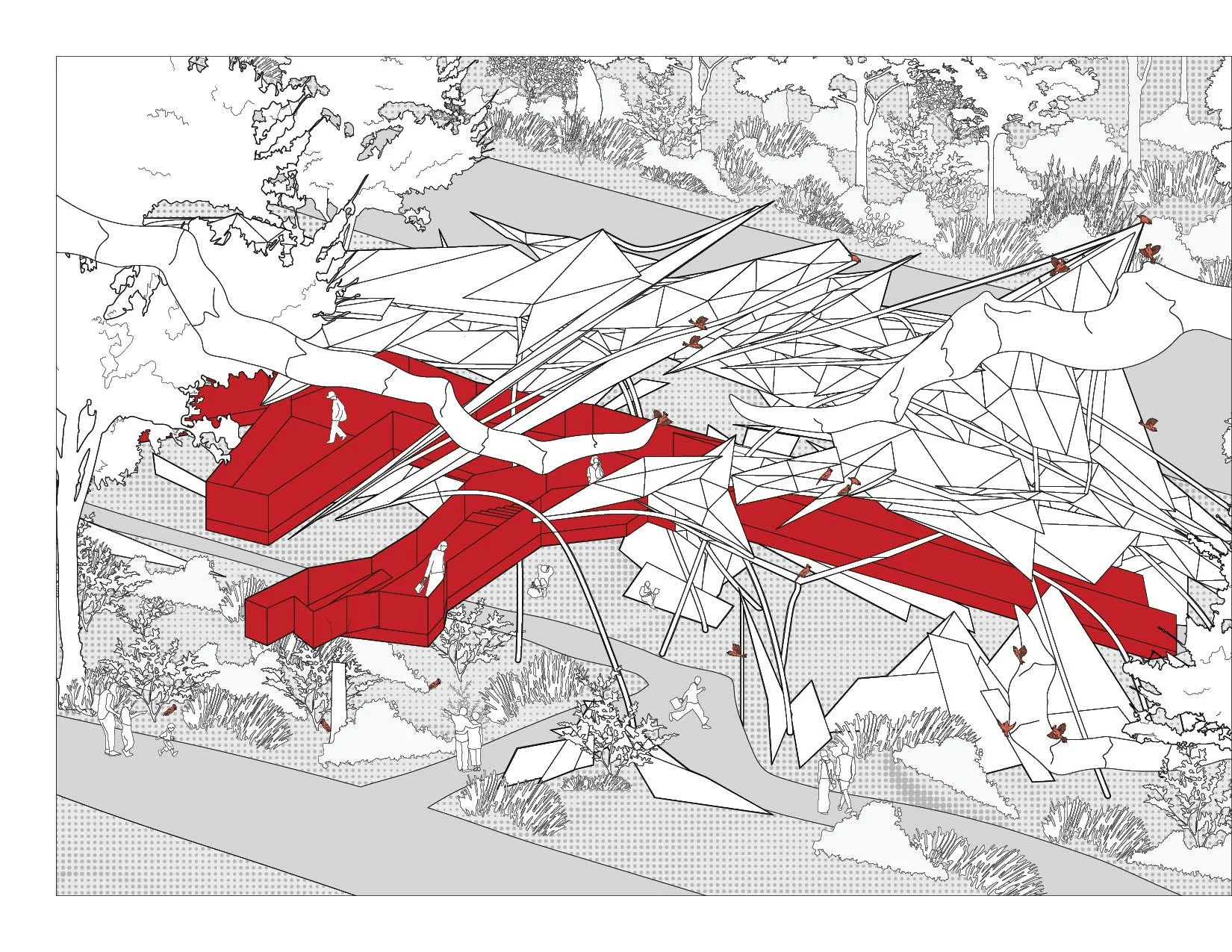 A conceptual architectural drawing of a modern, organic-shaped public pavilion with intricate, angular roof structures, surrounded by trees and people.