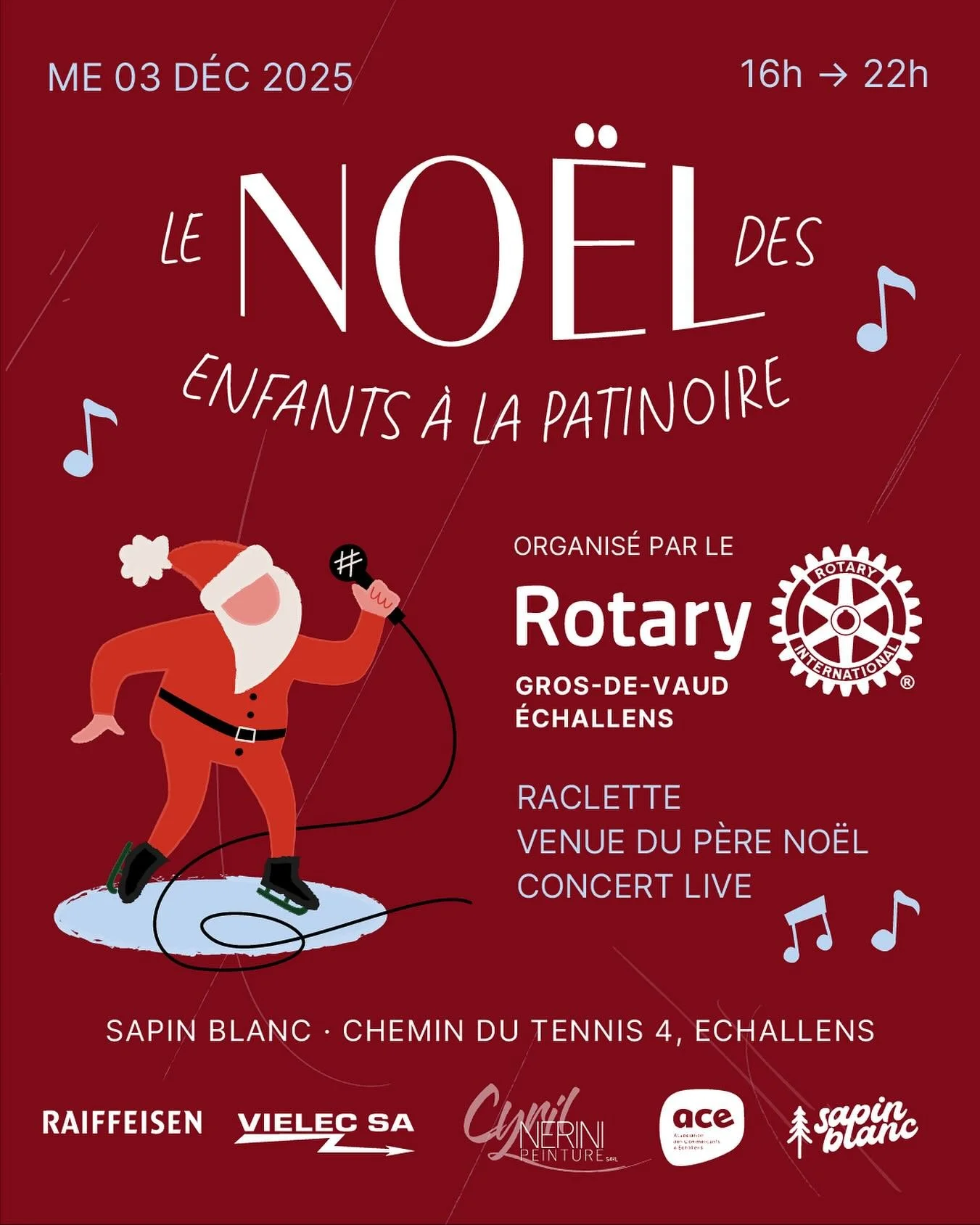 Les festivit&eacute;s de fin d&rsquo;ann&eacute;e d&eacute;butent ✨

Pour cette premi&egrave;re soir&eacute;e, nous avons le plaisir d&rsquo;accueillir le No&euml;l des Enfants, organis&eacute; par le Rotary Club d&rsquo;Echallens &amp; Gros-de-Vaud 