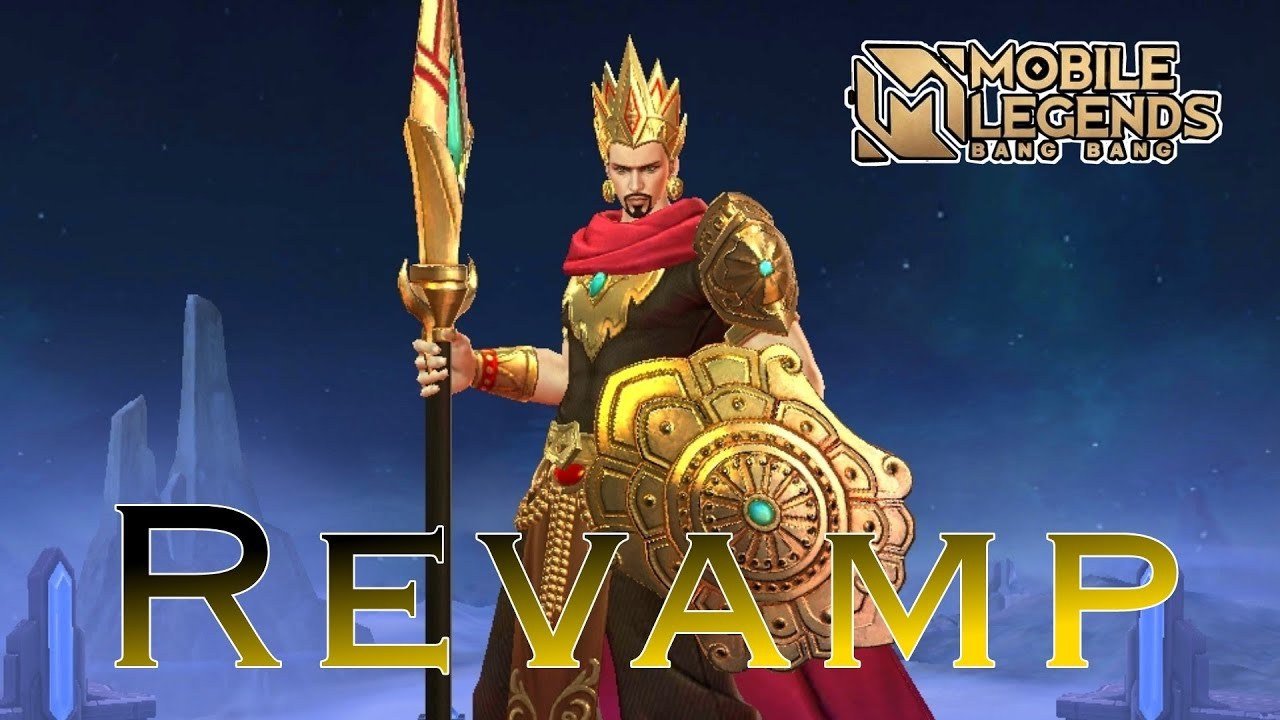 A character from Mobile Legends Bang Bang dressed in gold armor, holding a spear and shield, standing against a starry night sky background, with the words "REVAMP" across the bottom.