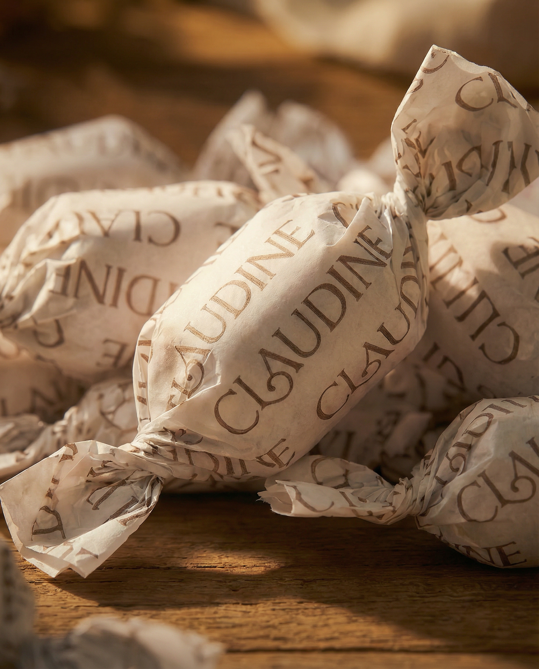 Close-up of wrapped candies on a wooden surface, with the word 'CLAUDINE' printed repeatedly on the paper wrappers.