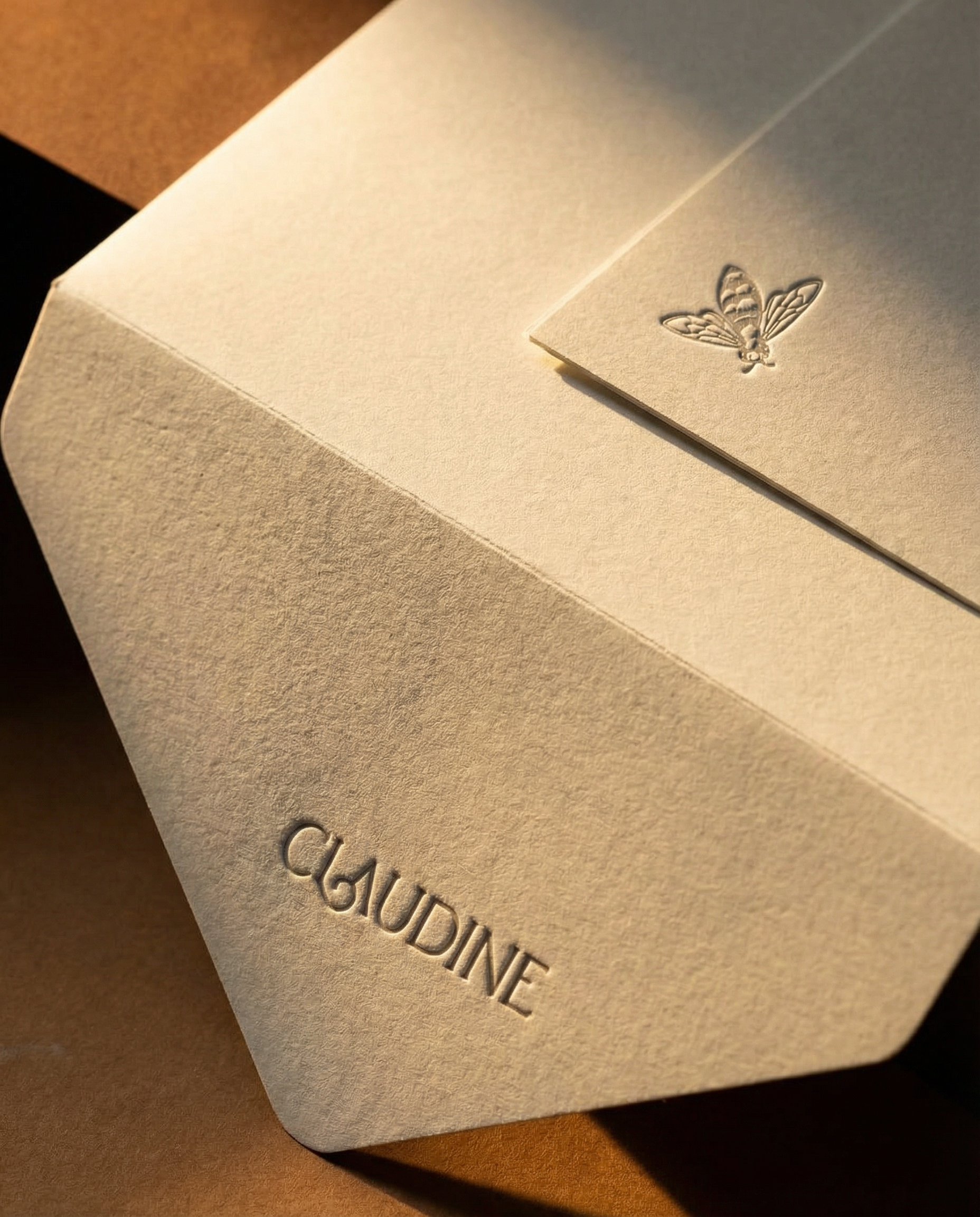 A cream-colored box with the embossed words 'CLAUDINE' and an embossed bee symbol on the top. The box has a textured surface and is placed on a brown surface with warm lighting.