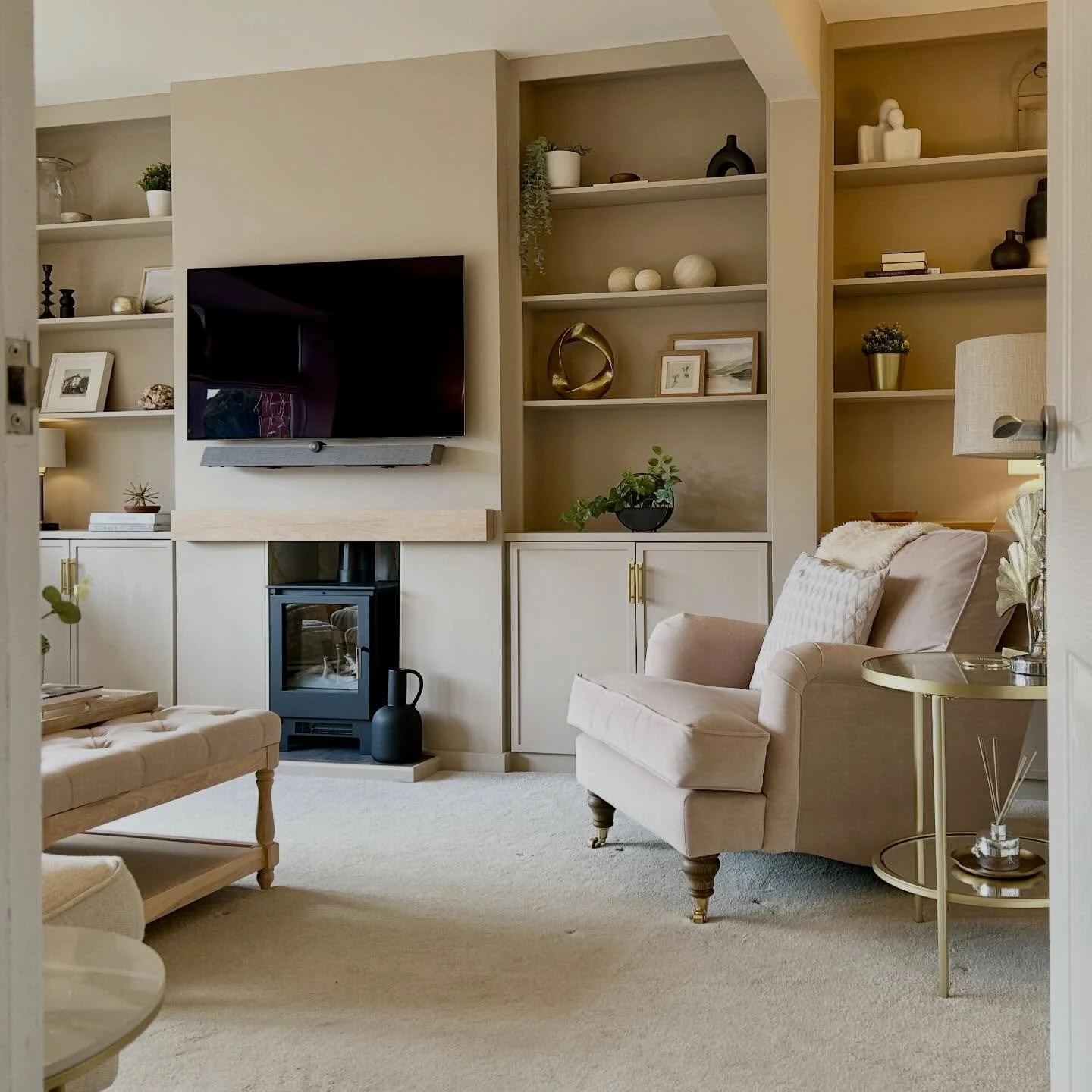 A few AFTER and BEFORE photos from a recent living room project in a family home.

The aim was to turn the space into a comfortable, welcoming room that feels both special and relaxing.

One key update was the addition of alcove storage, designed to 